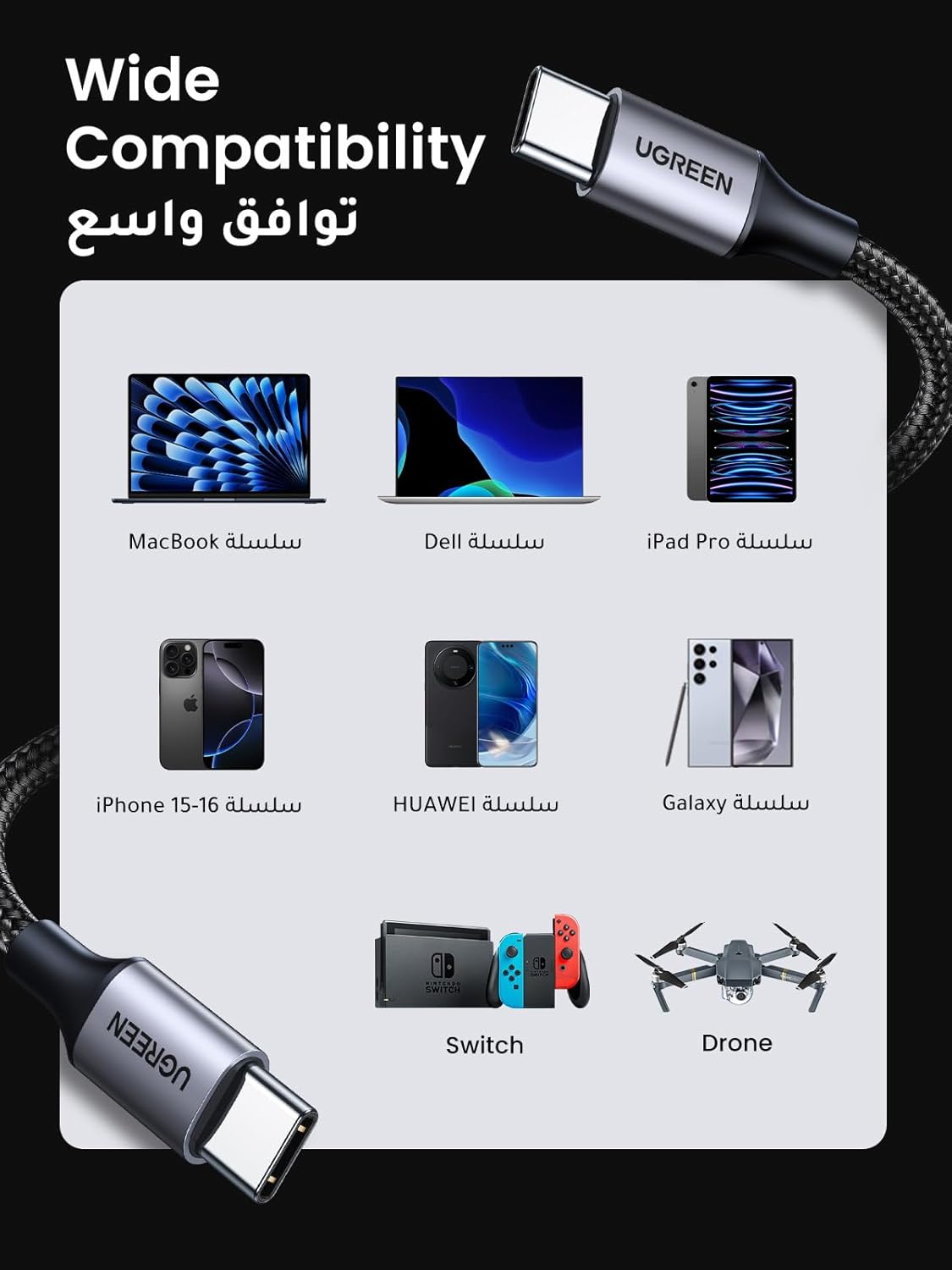 UGREEN USB C to USB C Cable 60 W PD 3.0, PPS USB-C Charging Cable Compatible with iPhone 17 Pro Max, iPhone Air, iPhone 16 15 Pro Max, Galaxy S25 S24 MacBook Air M2 iPad Pro, Air 5/Mini, Pixel 9 etc