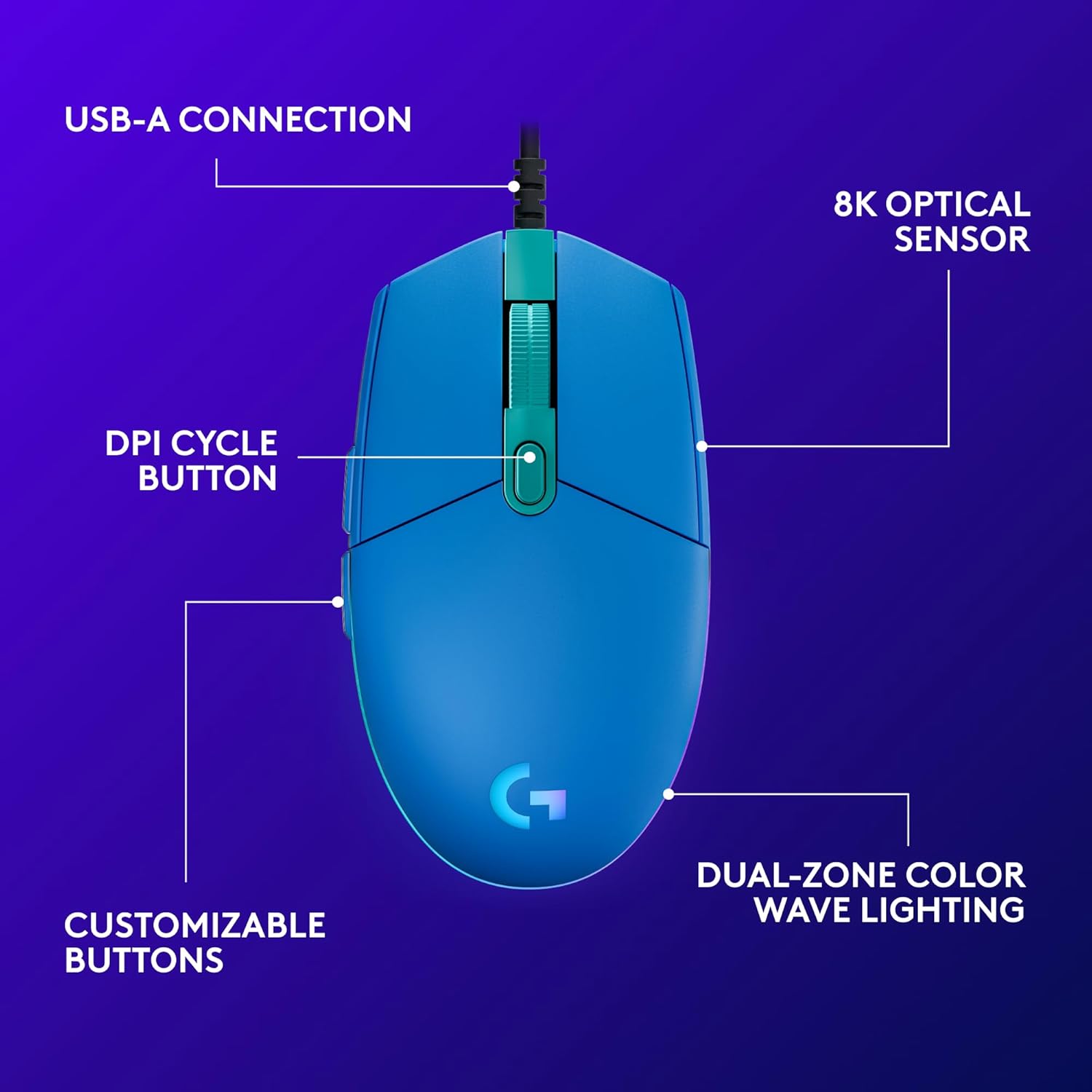 Logitech G203 Wired Gaming Mouse, 8,000 Dpi, Rainbow Optical Effect Lightsync Rgb, 6 Programmable Buttons, On-Board Memory, Screen Mapping, Pc/Mac Computer And Laptop Compatible - Black