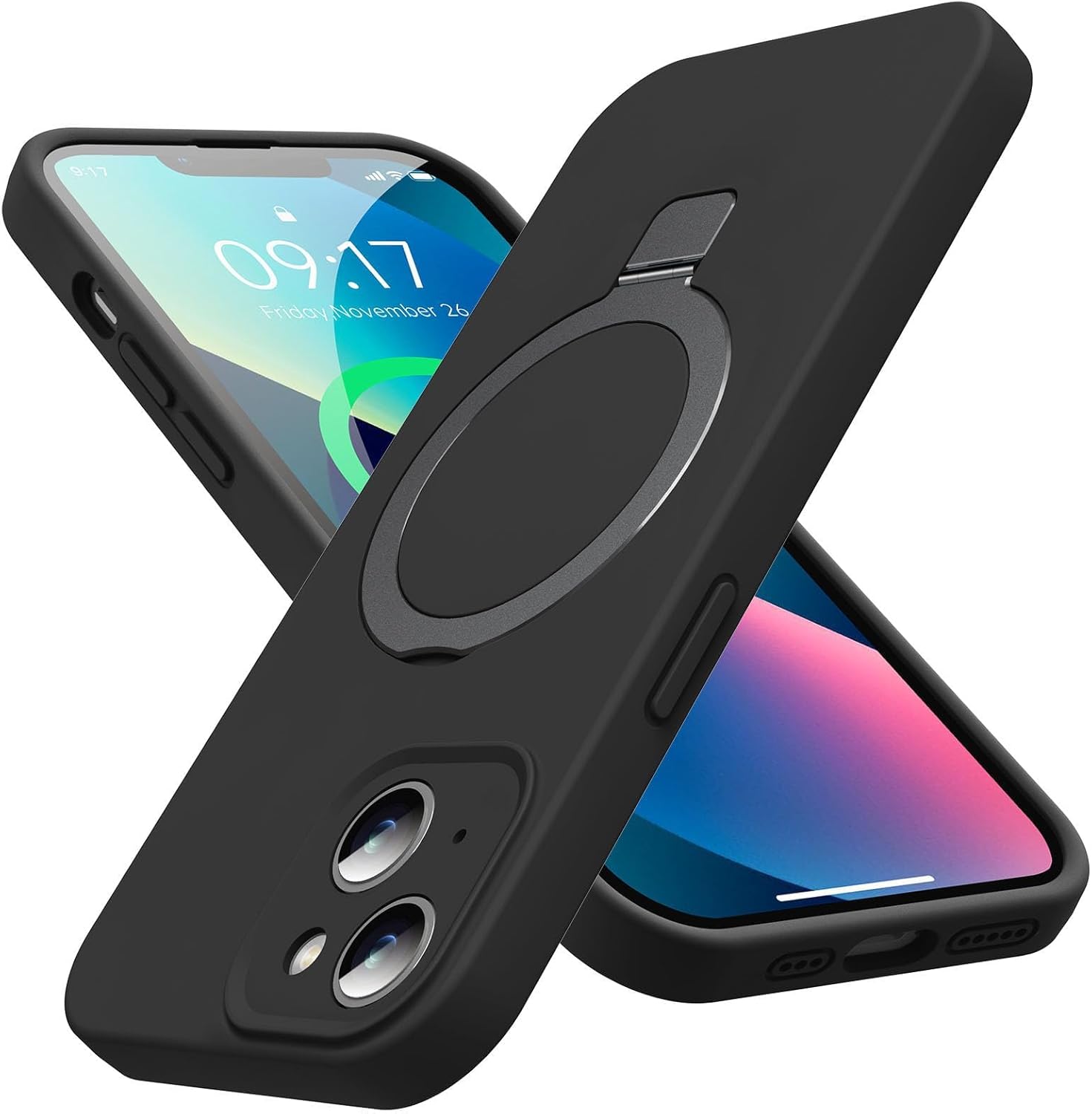 Eligo for iPhone 14 Pro Case, Compatible with MagSafe, with Magnetic Invisible Stand,【Shockproof Military-Grade Protection】Soft Silicone Phone Cover with Kickstand for Apple 14 Pro (Black)