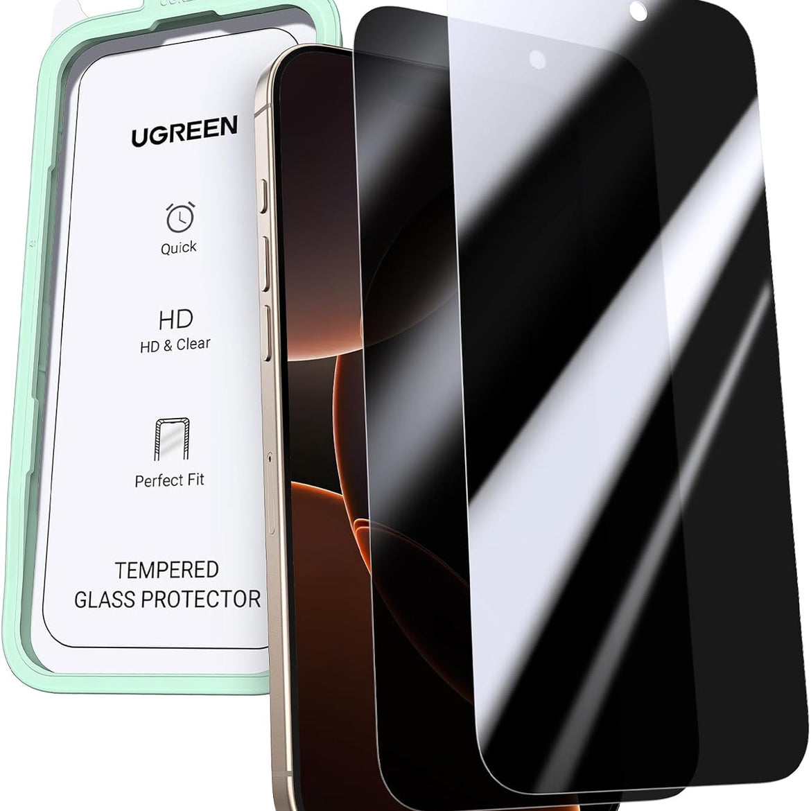 UGREEN 2 Pack for iPhone 17 Pro Max Screen Protector Privacy 6.9'' 100% Privacy Protection 1:1 Full Coverage Military Grade 9H Tempered Glass Anti-Spy Screen Protector Easy to Install