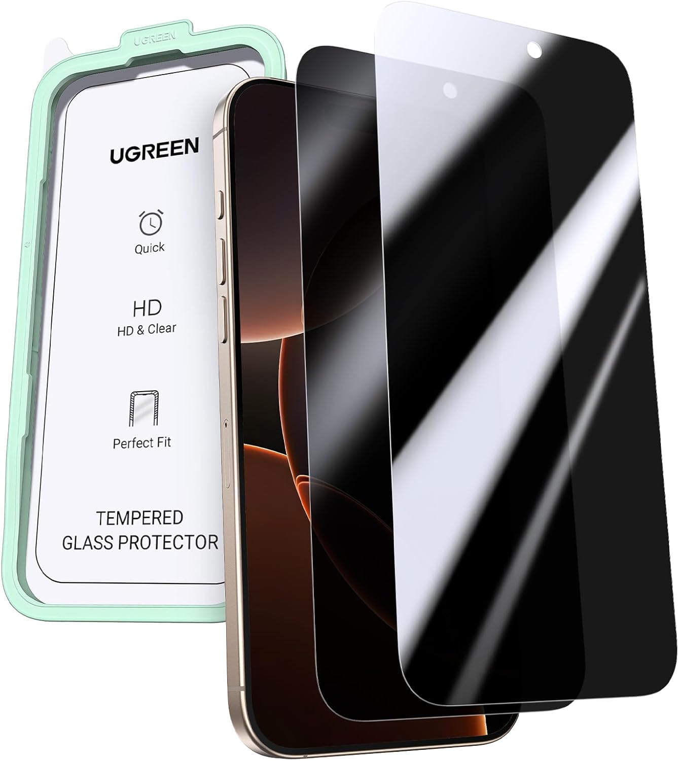 UGREEN 2 Pack for iPhone 17 Pro Max Screen Protector Privacy 6.9'' 100% Privacy Protection 1:1 Full Coverage Military Grade 9H Tempered Glass Anti-Spy Screen Protector Easy to Install