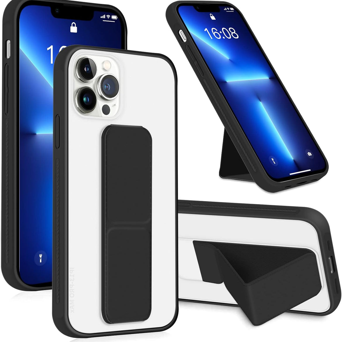 INFOSUN for iPhone 14 Pro Case Stand Cover Matte Cases with Frosted Back Hand Grip Kickstand Cover Holder Shockproof Translucent Design for iPhone 14 Pro (6.1 Inch) (2022) (Black)