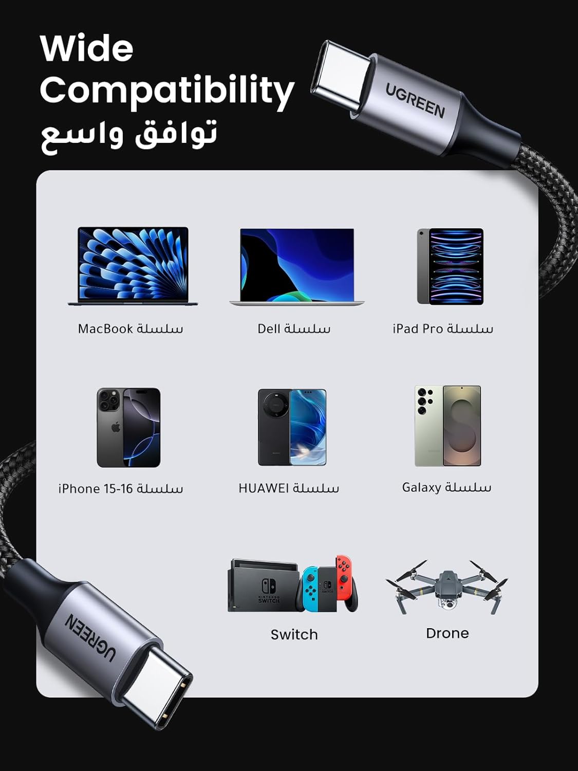 UGREEN USB C to USB C Cable 60 W PD 3.0, PPS USB-C Charging Cable Compatible with iPhone 17 Pro Max, iPhone Air, iPhone 16 15 Pro Max, Galaxy S25 S24 MacBook Air M2 iPad Pro, Air 5/Mini, Pixel 9 etc