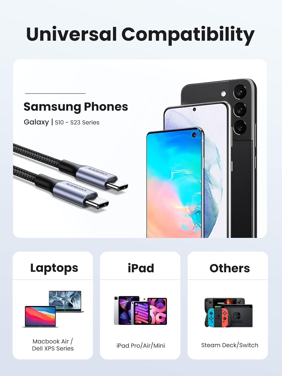 UGREEN USB C to USB C Cable 60 W PD 3.0, PPS USB-C Charging Cable Compatible with iPhone 17 Pro Max, iPhone Air, iPhone 16 15 Pro Max, Galaxy S25 S24 MacBook Air M2 iPad Pro, Air 5/Mini, Pixel 9 etc