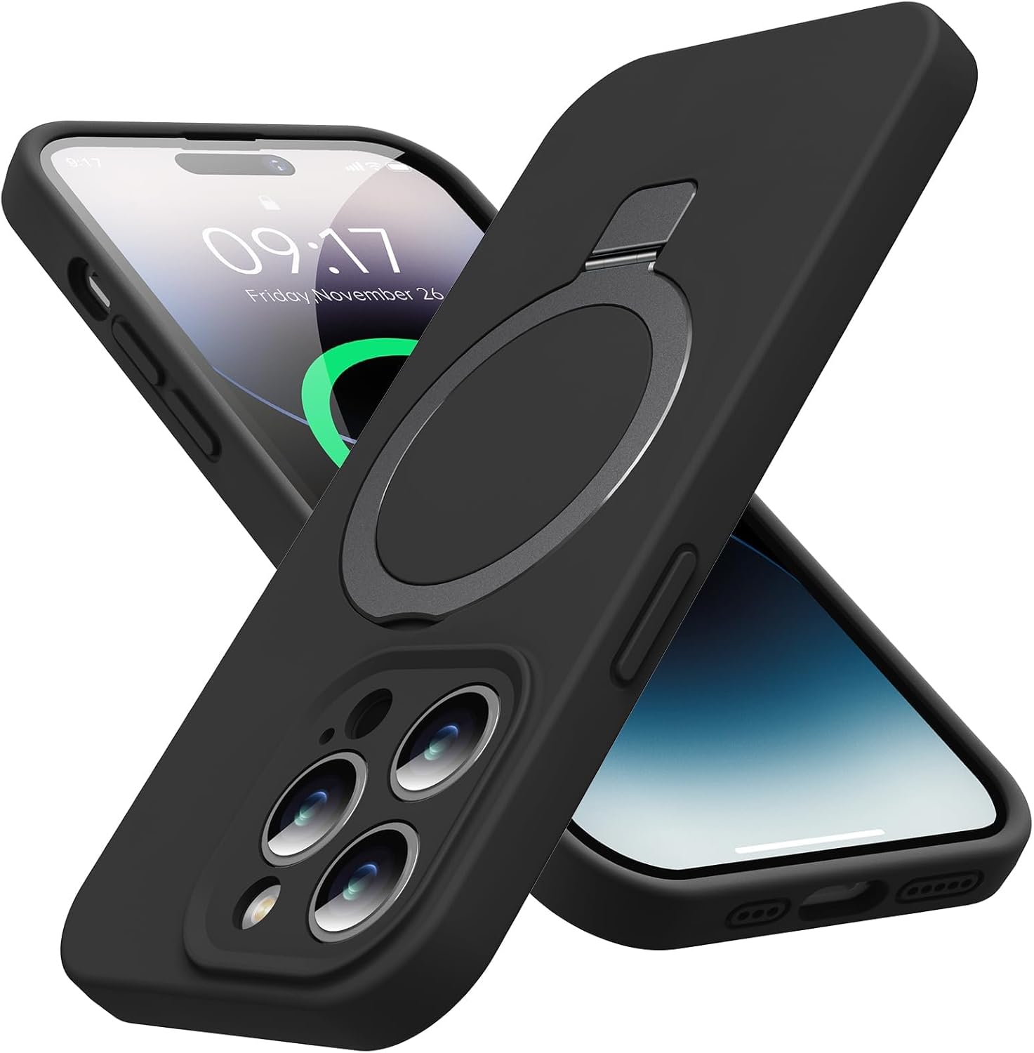 Eligo for iPhone 14 Pro Case, Compatible with MagSafe, with Magnetic Invisible Stand,【Shockproof Military-Grade Protection】Soft Silicone Phone Cover with Kickstand for Apple 14 Pro (Black)