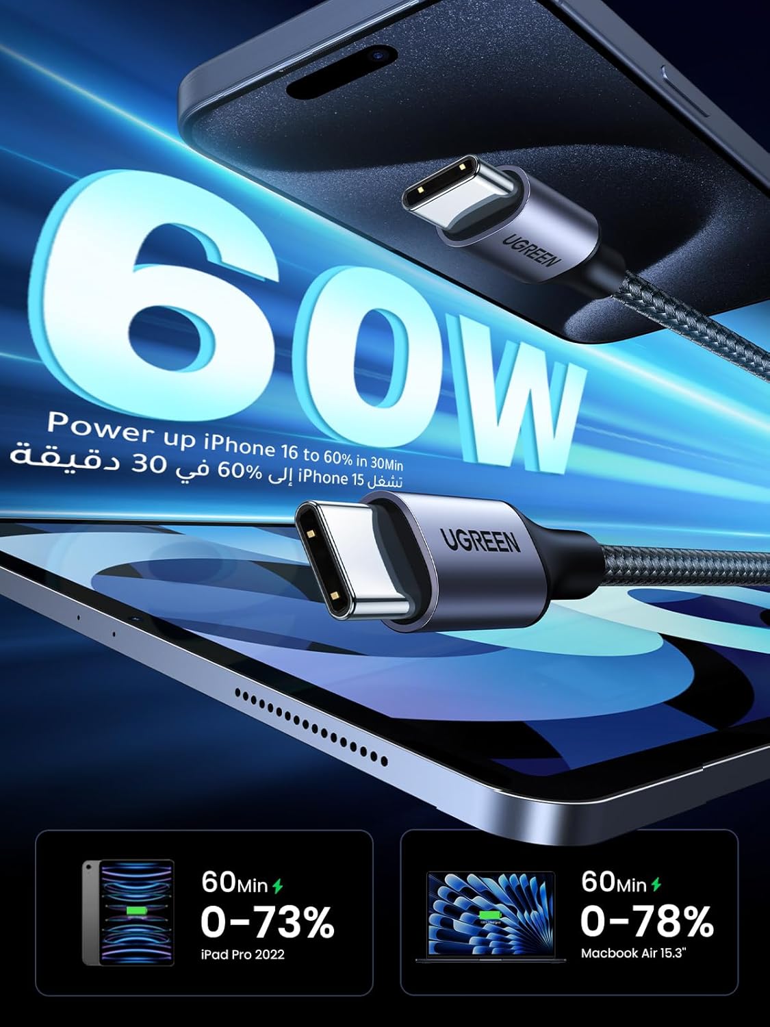 UGREEN USB C to USB C Cable 60 W PD 3.0, PPS USB-C Charging Cable Compatible with iPhone 17 Pro Max, iPhone Air, iPhone 16 15 Pro Max, Galaxy S25 S24 MacBook Air M2 iPad Pro, Air 5/Mini, Pixel 9 etc