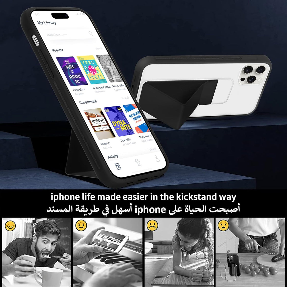 INFOSUN for iPhone 14 Pro Case Stand Cover Matte Cases with Frosted Back Hand Grip Kickstand Cover Holder Shockproof Translucent Design for iPhone 14 Pro (6.1 Inch) (2022) (Black)