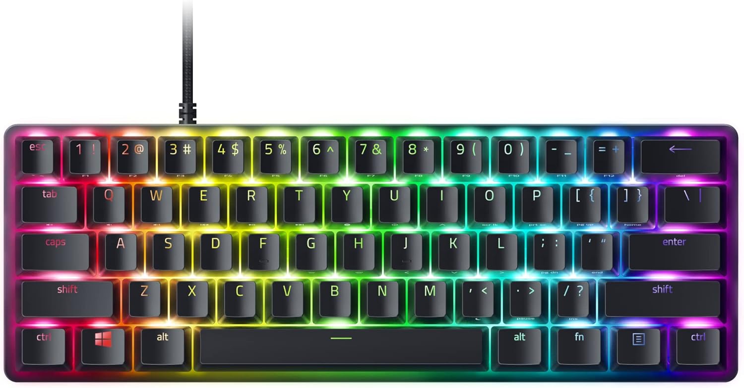 Razer Huntsman Mini 60% Compact Gaming Keyboard: Purple Switch, Clicky Optical-Mechanical Switches, Doubleshot PBT Keycaps, Detachable USB-C Cable, US Layout - Black