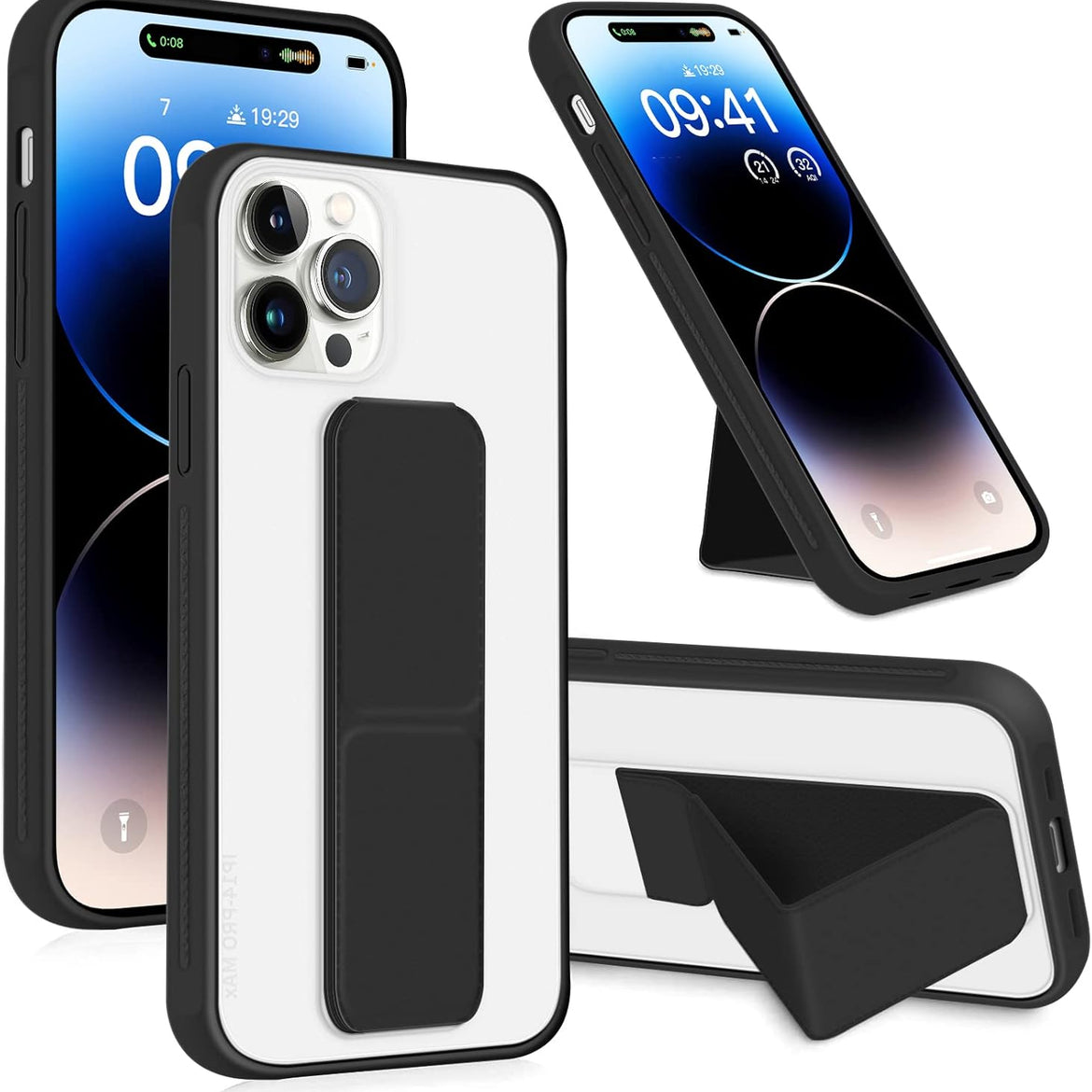 INFOSUN for iPhone 14 Pro Case Stand Cover Matte Cases with Frosted Back Hand Grip Kickstand Cover Holder Shockproof Translucent Design for iPhone 14 Pro (6.1 Inch) (2022) (Black)