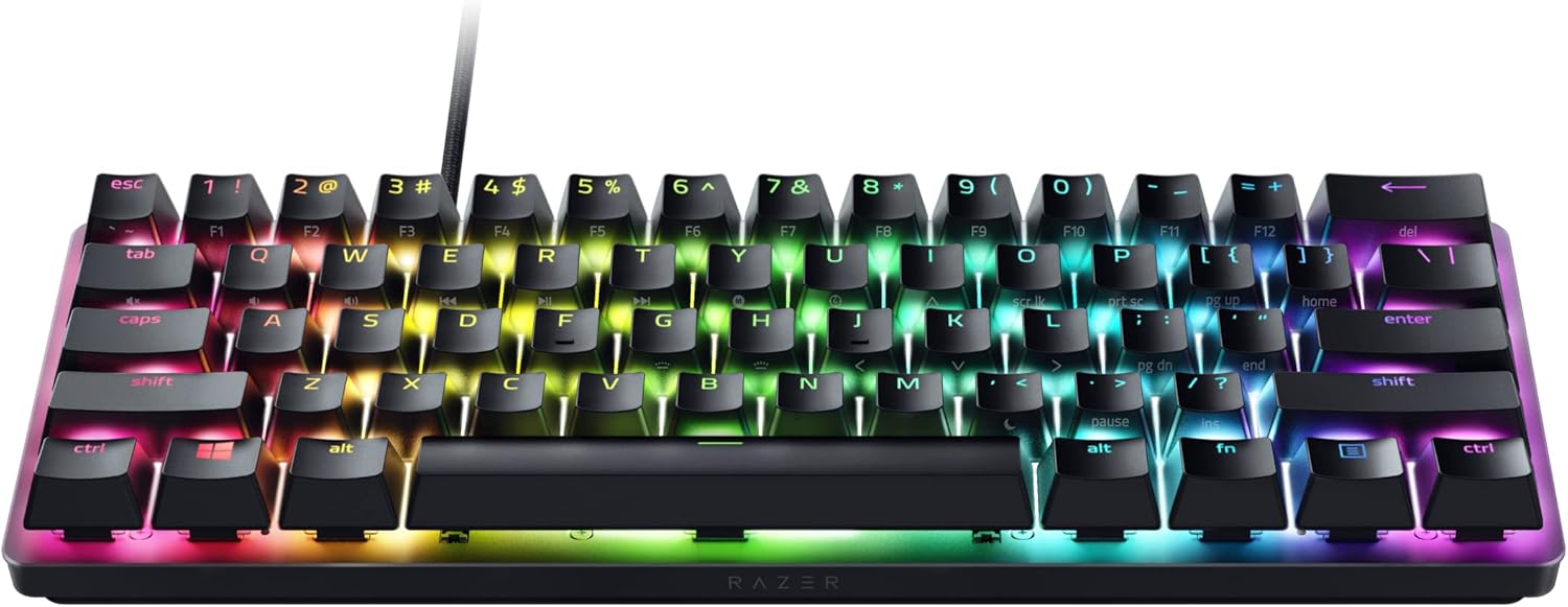 Razer Huntsman Mini 60% Compact Gaming Keyboard: Purple Switch, Clicky Optical-Mechanical Switches, Doubleshot PBT Keycaps, Detachable USB-C Cable, US Layout - Black