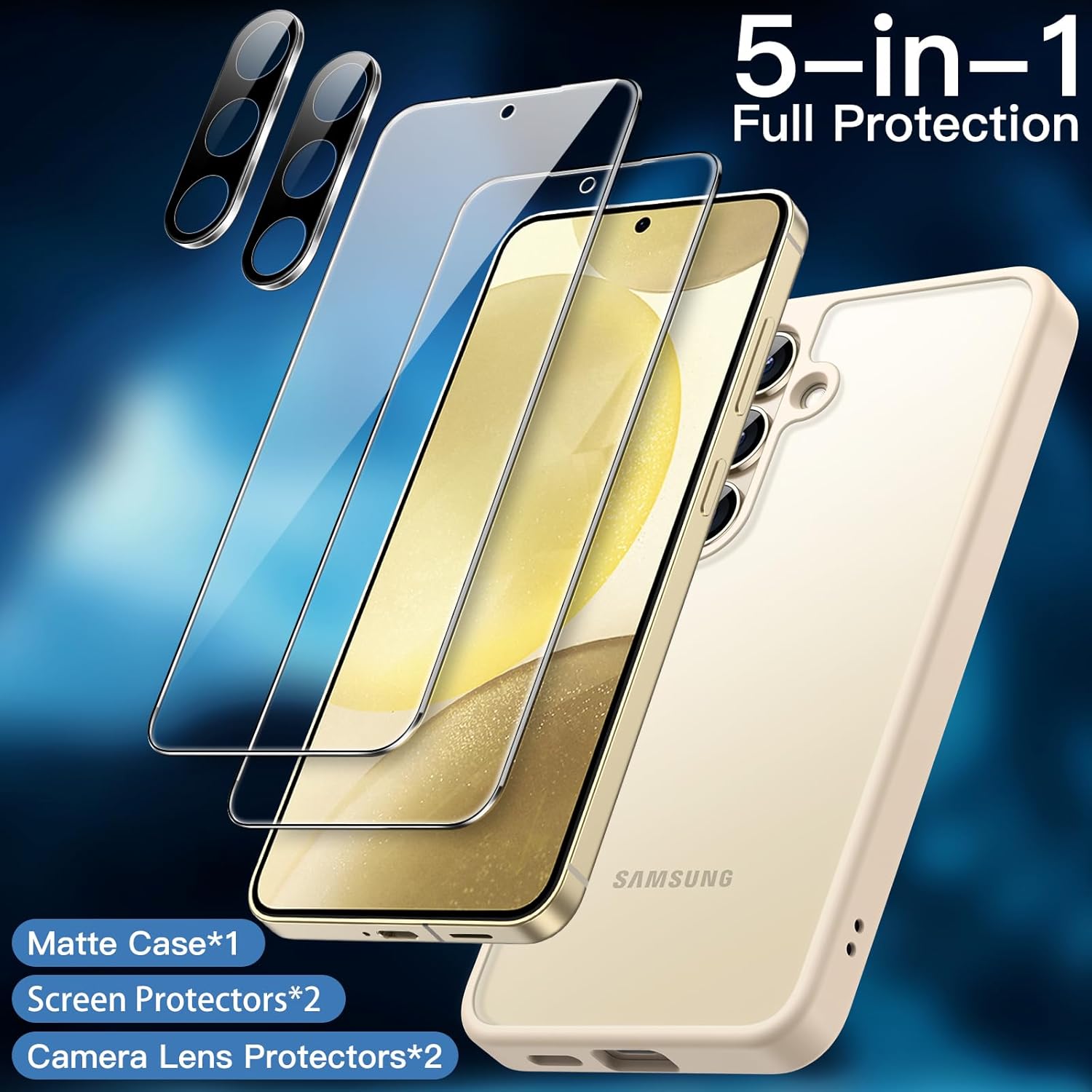 JETech 5 in 1 Matte Case for Samsung Galaxy S24 Ultra 5G with 2-Pack Screen Protector and Camera Lens Protector, Translucent Back Protective Phone Cover, Tempered Glass Film (Black)