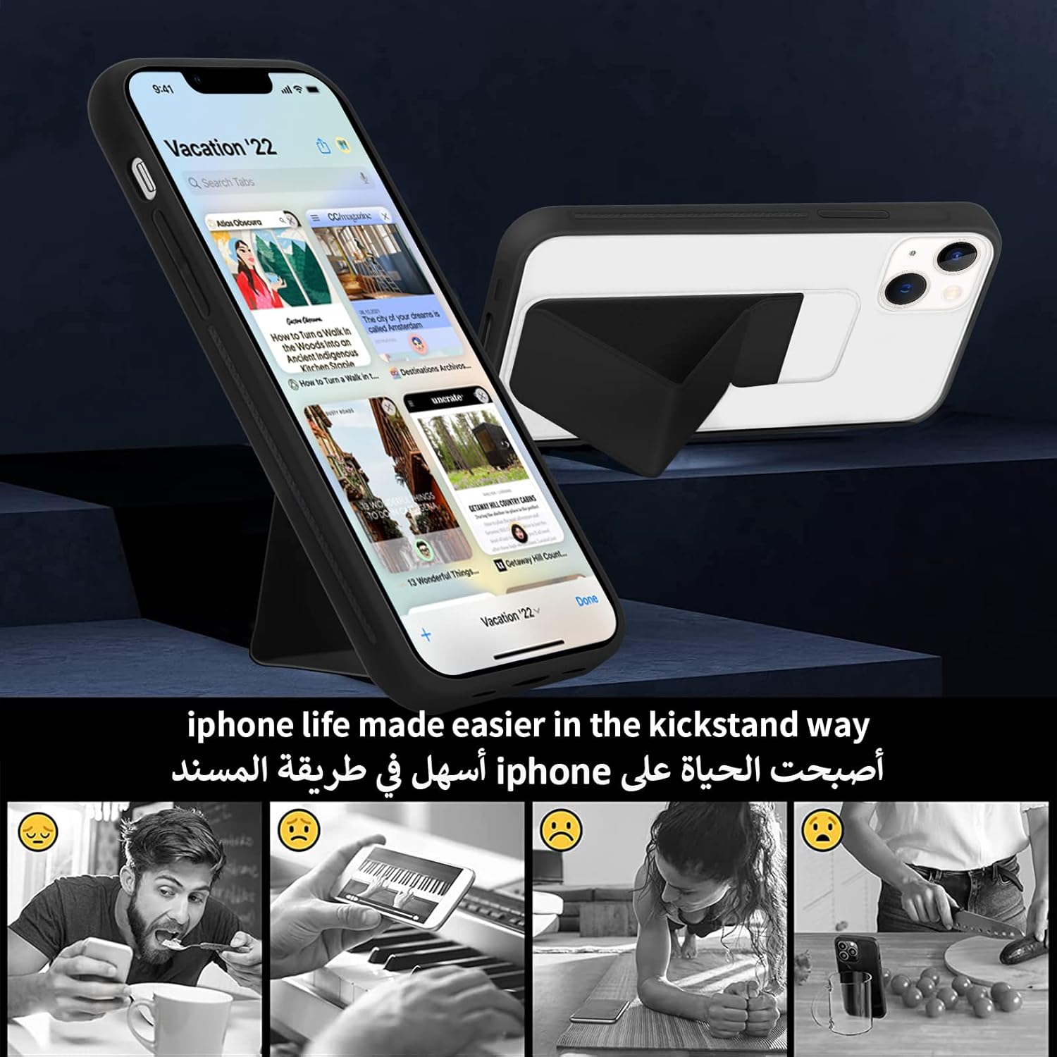 INFOSUN for iPhone 14 Pro Case Stand Cover Matte Cases with Frosted Back Hand Grip Kickstand Cover Holder Shockproof Translucent Design for iPhone 14 Pro (6.1 Inch) (2022) (Black)