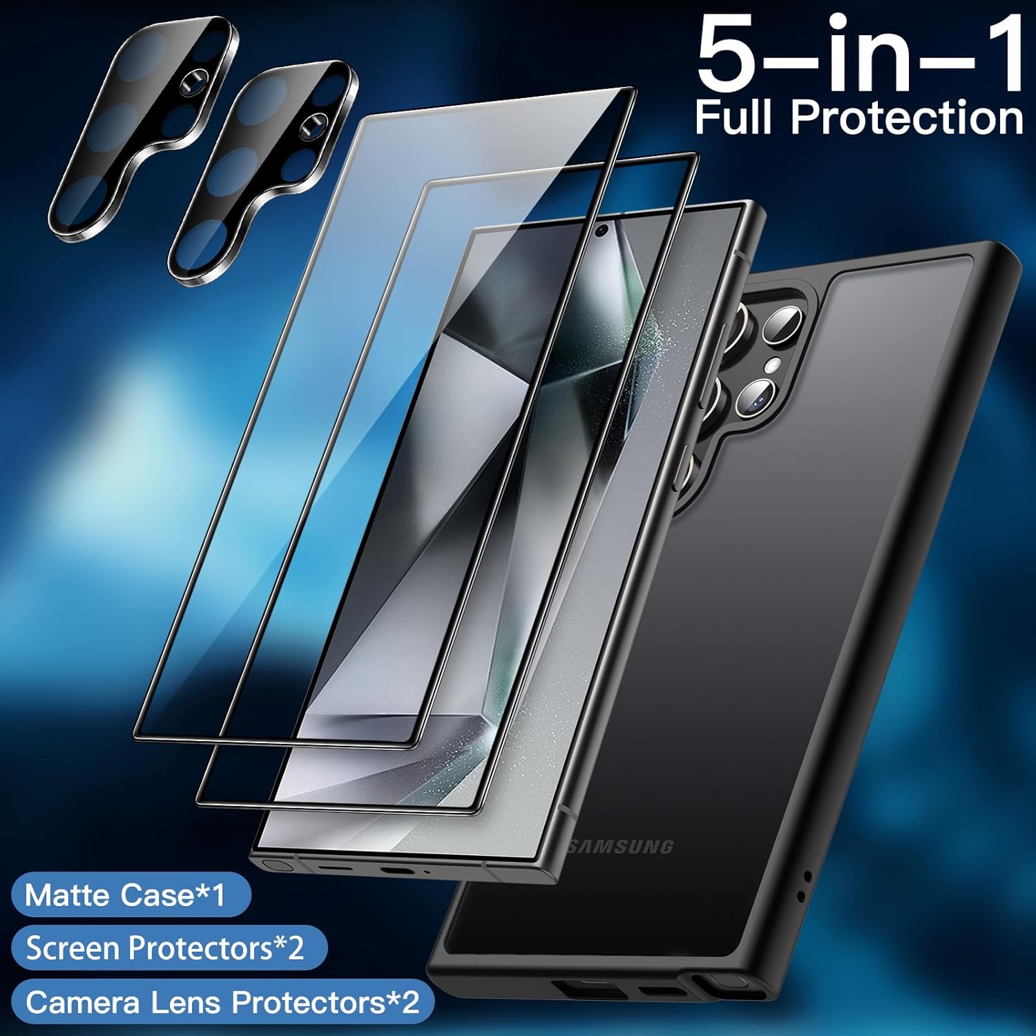 JETech 5 in 1 Matte Case for Samsung Galaxy S24 Ultra 5G with 2-Pack Screen Protector and Camera Lens Protector, Translucent Back Protective Phone Cover, Tempered Glass Film (Black)