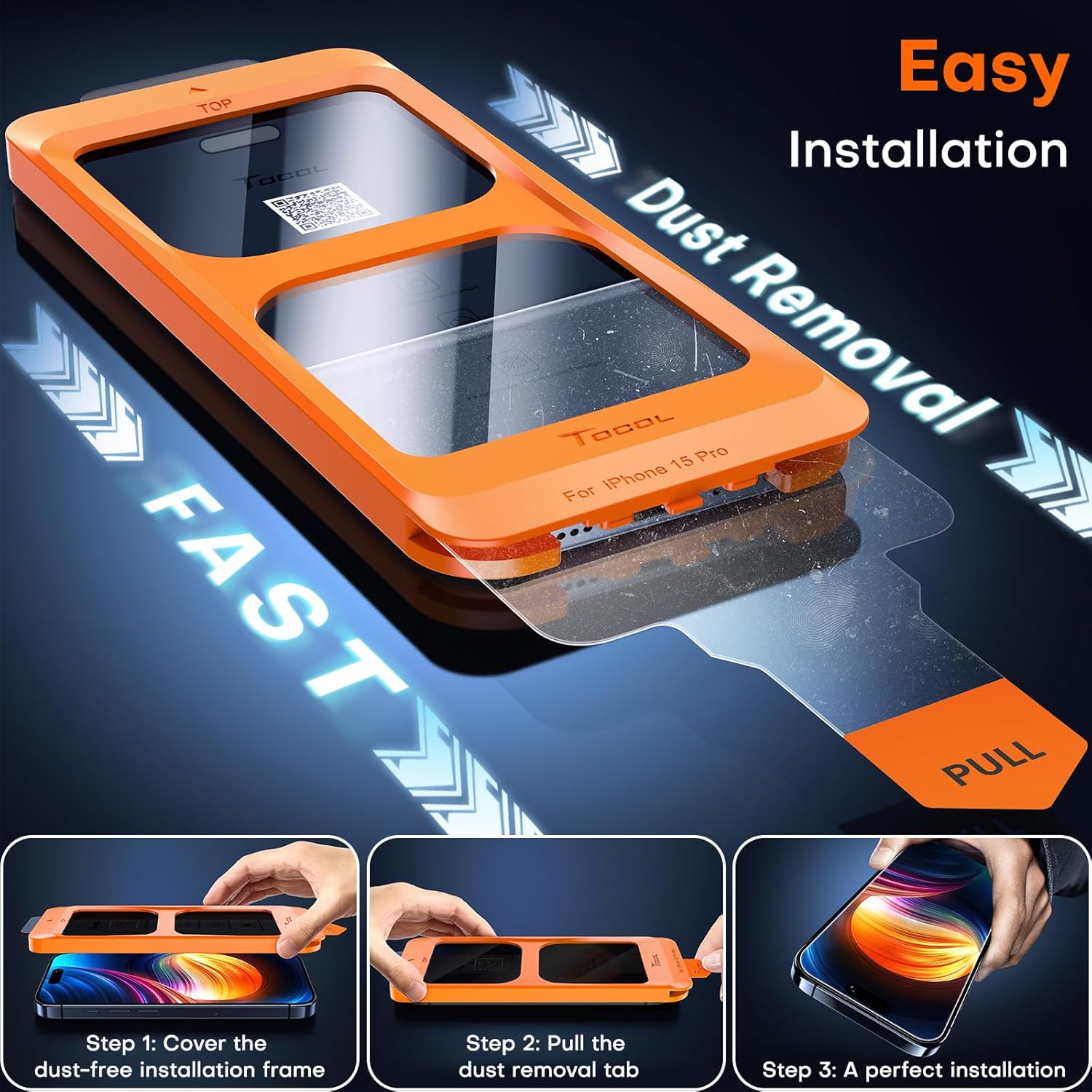 TOCOL 2 Pack for iPhone 15 Pro Screen Protector 6.1 Inch, Easy Installation Full Coverage No Bubbles No Dust Military Grade Shatterproof, 9H Hardness Tempered Glass Screen Protector, Case Friendly