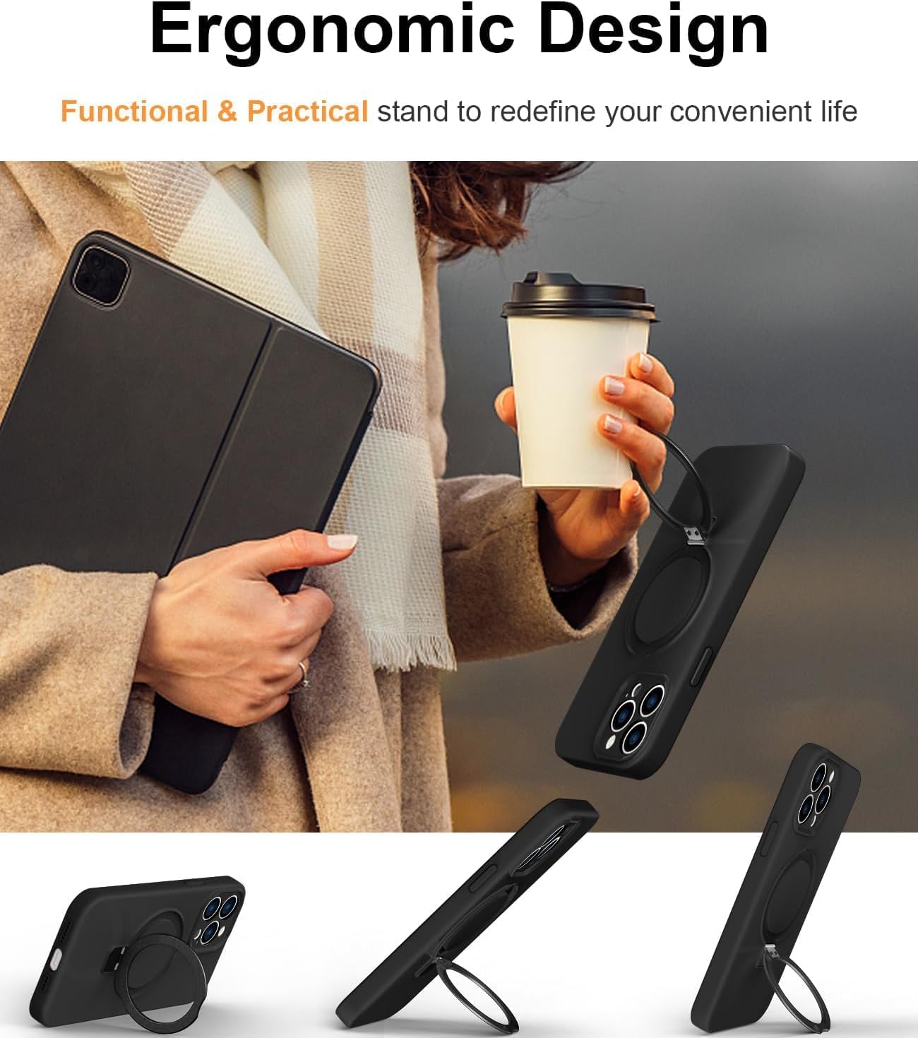 Eligo for iPhone 14 Pro Case, Compatible with MagSafe, with Magnetic Invisible Stand,【Shockproof Military-Grade Protection】Soft Silicone Phone Cover with Kickstand for Apple 14 Pro (Black)