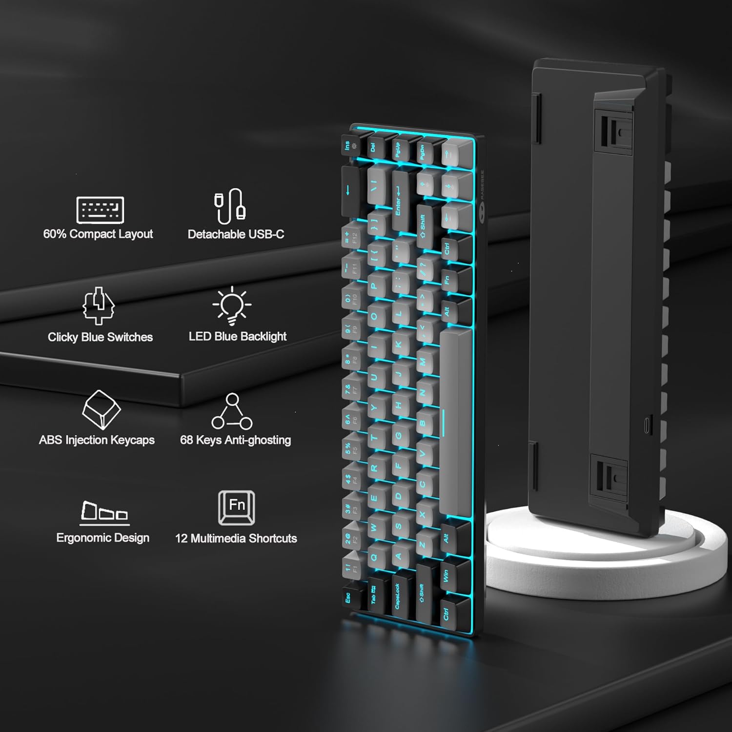 MageGee Portable 60% Mechanical Gaming Keyboard (Grey/Blue Switch)