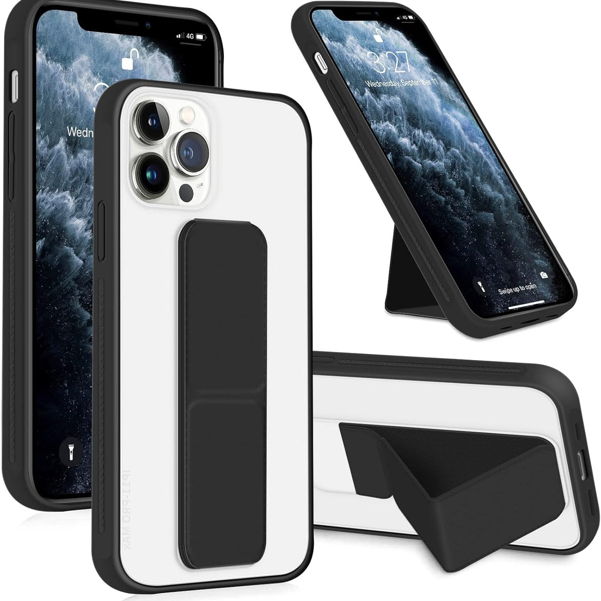 INFOSUN for iPhone 14 Pro Case Stand Cover Matte Cases with Frosted Back Hand Grip Kickstand Cover Holder Shockproof Translucent Design for iPhone 14 Pro (6.1 Inch) (2022) (Black)