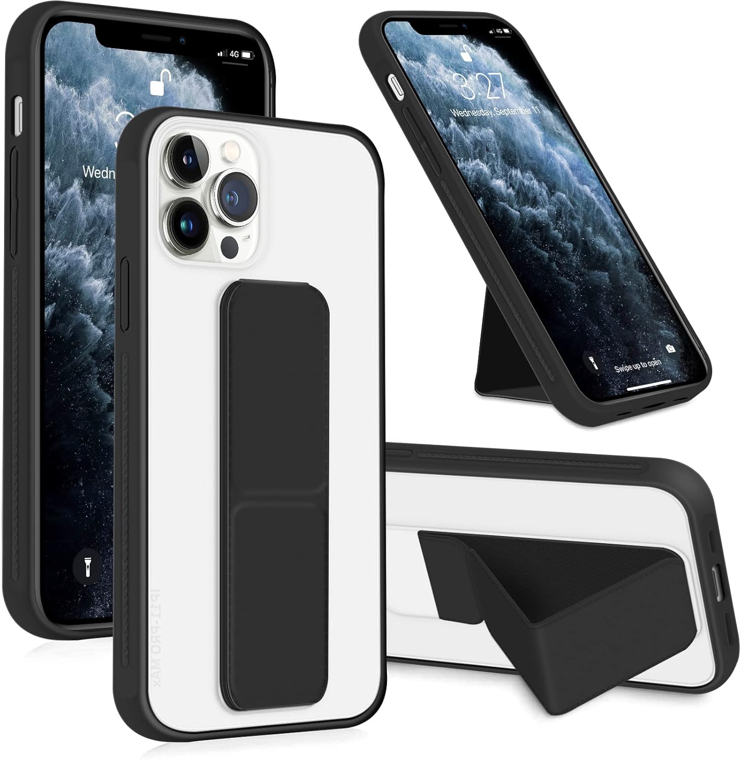 INFOSUN for iPhone 14 Pro Case Stand Cover Matte Cases with Frosted Back Hand Grip Kickstand Cover Holder Shockproof Translucent Design for iPhone 14 Pro (6.1 Inch) (2022) (Black)