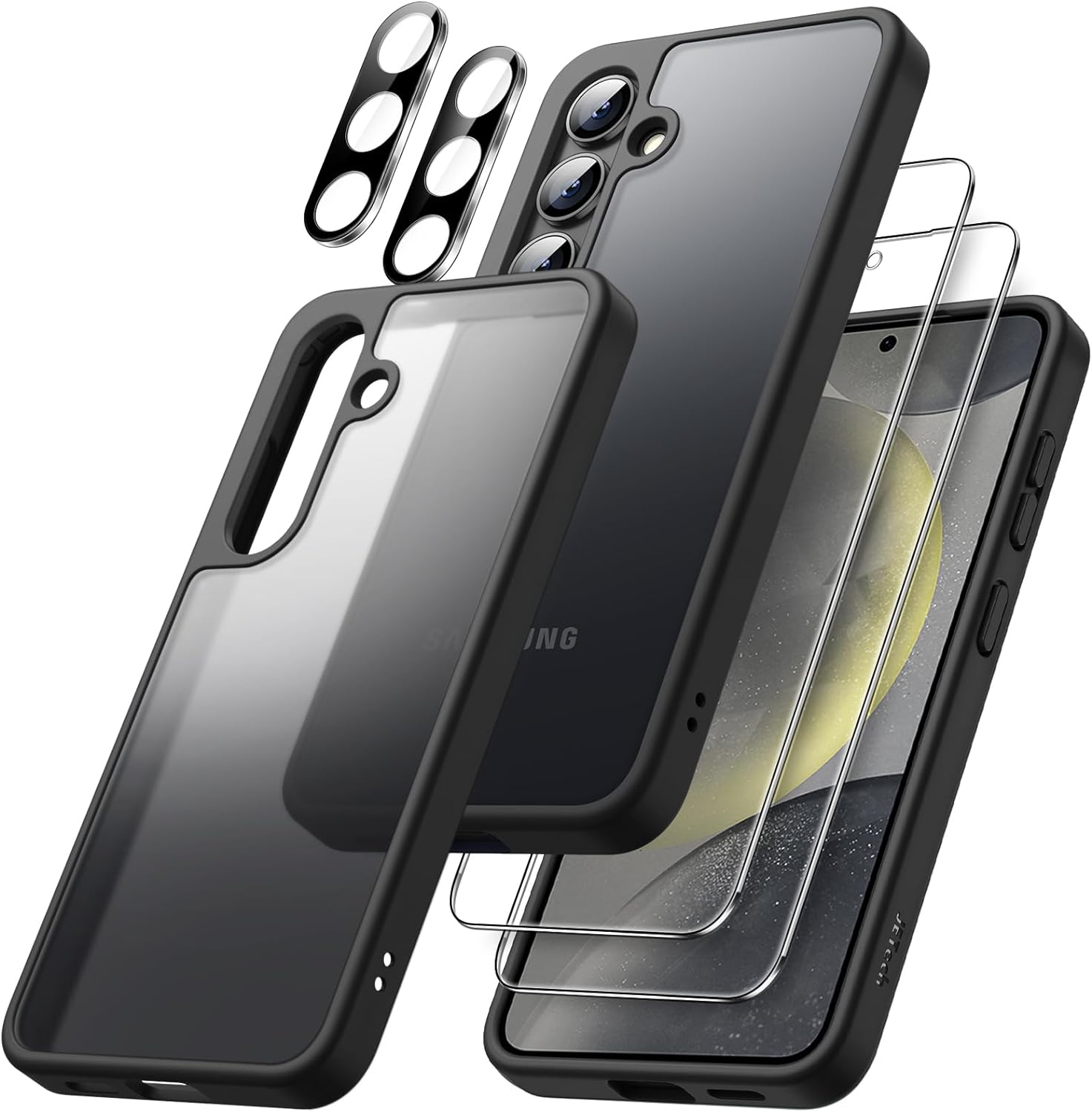 JETech 5 in 1 Matte Case for Samsung Galaxy S24 Ultra 5G with 2-Pack Screen Protector and Camera Lens Protector, Translucent Back Protective Phone Cover, Tempered Glass Film (Black)