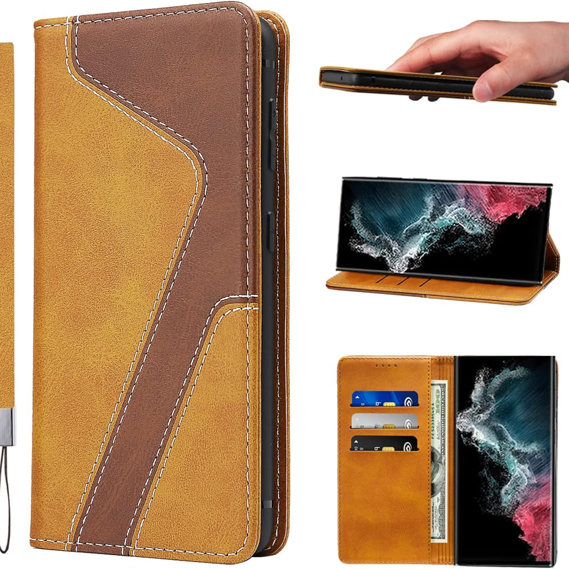 LANJLM Samsung Galaxy A53 5G Case PU Leather Wallet Case Card Holder Shockproof Flip Cover - Brown khaki
