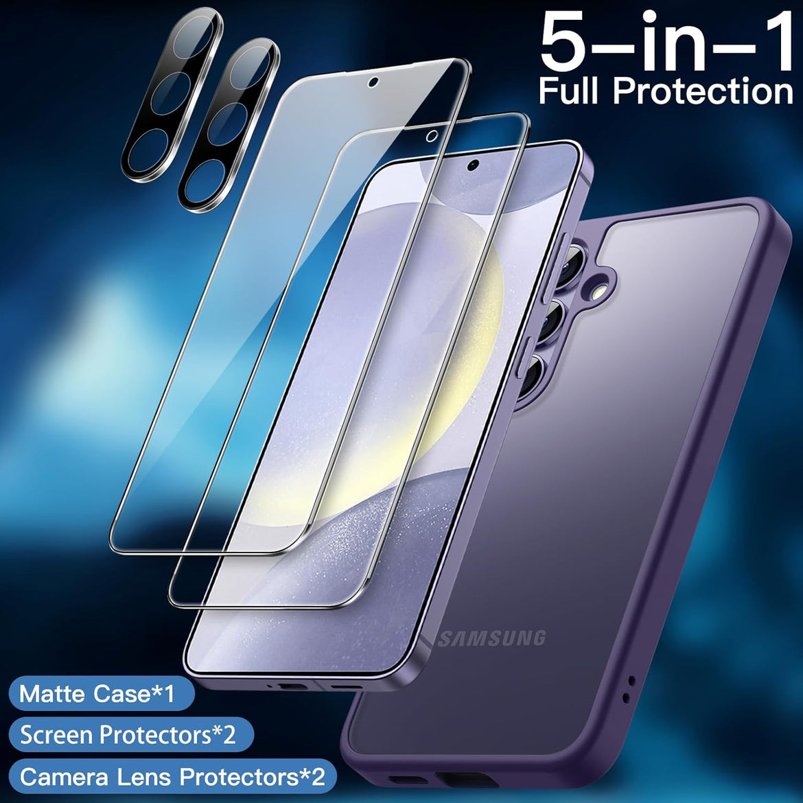 JETech 5 in 1 Matte Case for Samsung Galaxy S24 Ultra 5G with 2-Pack Screen Protector and Camera Lens Protector, Translucent Back Protective Phone Cover, Tempered Glass Film (Black)