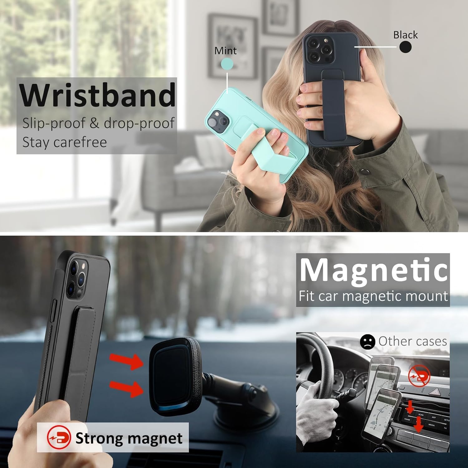 Compatible with iPhone 14 Plus Case with Stand, Multi-Functional Magnetic Vertical & Horizontal Kickstand Protective Phone Case, Candy Color Slim Cute Hybrid Cover (Black, iphone 14 plus)
