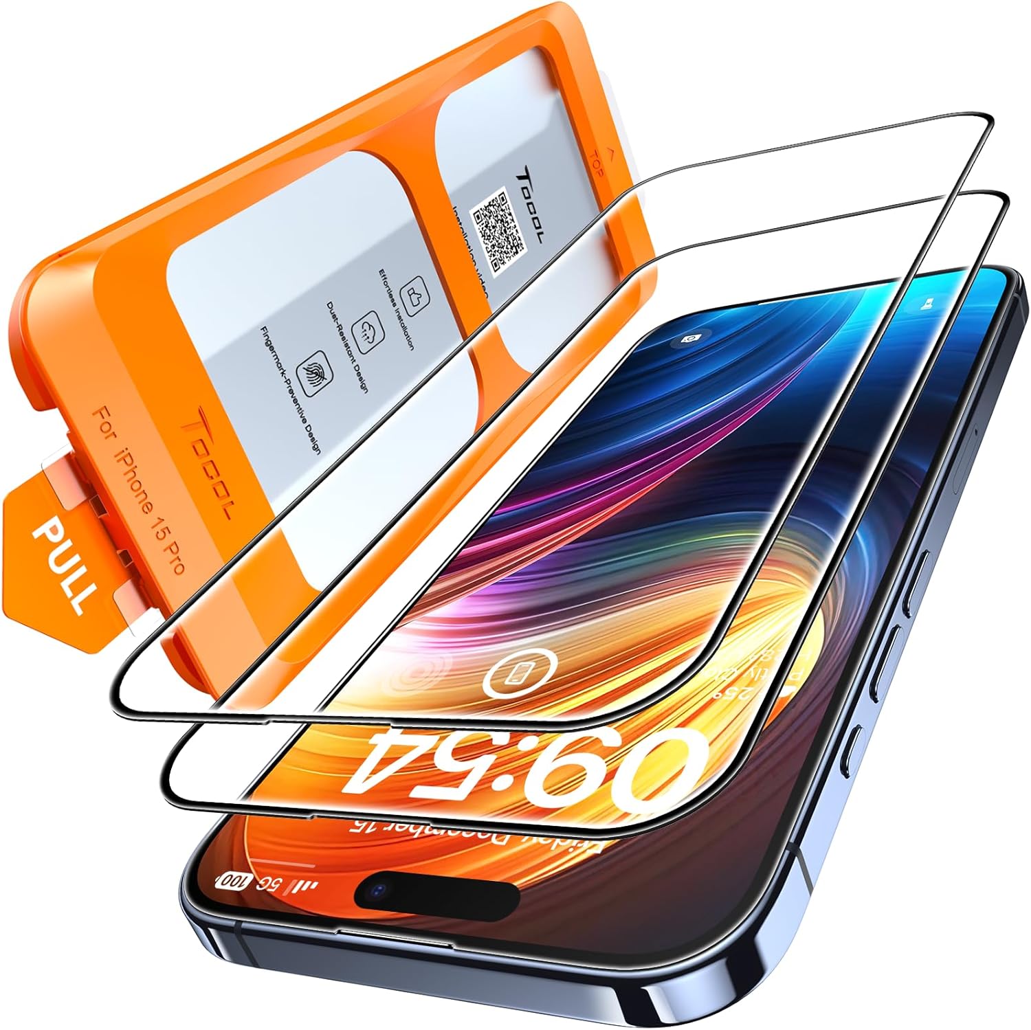TOCOL 2 Pack for iPhone 15 Pro Screen Protector 6.1 Inch, Easy Installation Full Coverage No Bubbles No Dust Military Grade Shatterproof, 9H Hardness Tempered Glass Screen Protector, Case Friendly