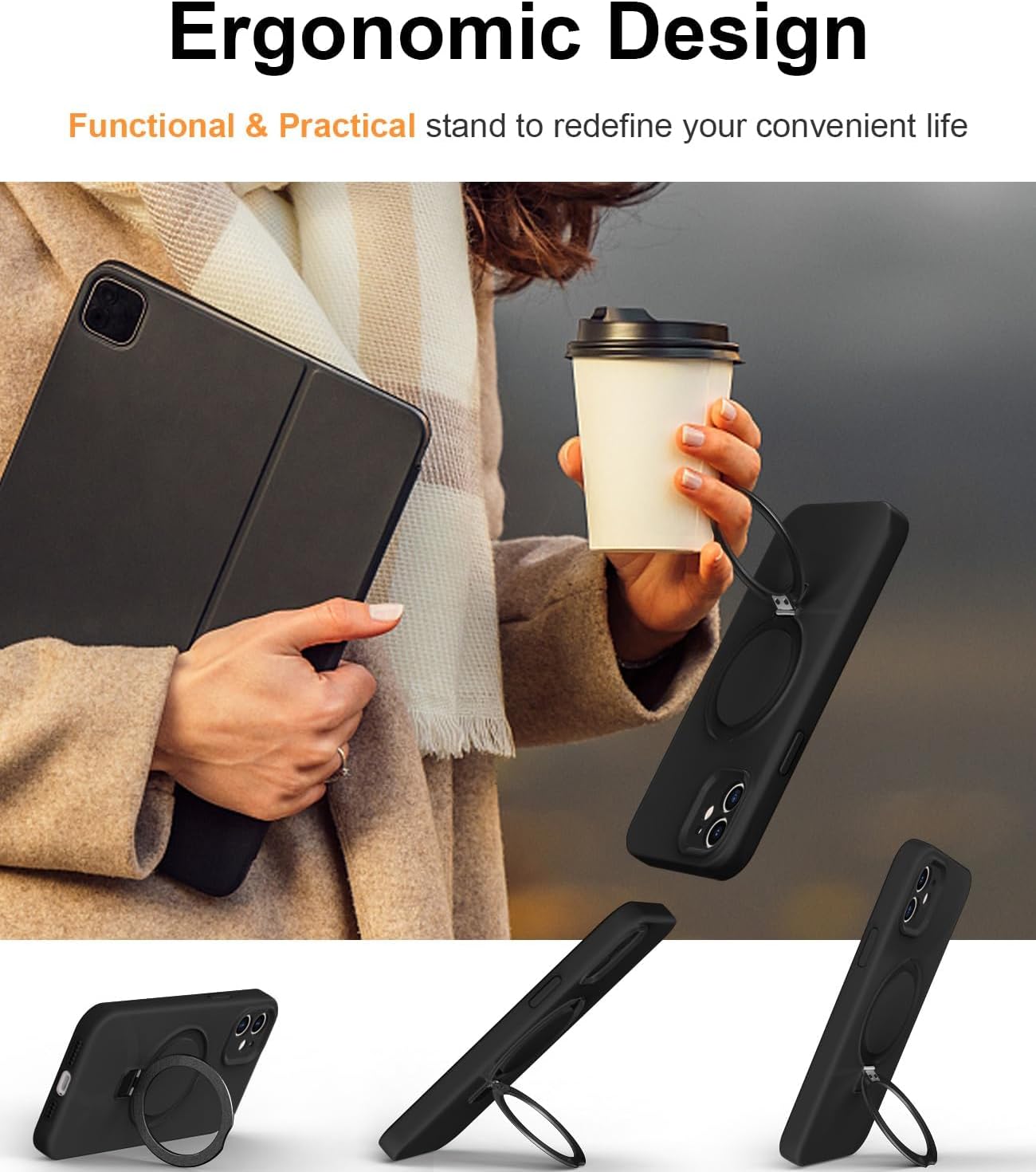 Eligo for iPhone 14 Pro Case, Compatible with MagSafe, with Magnetic Invisible Stand,【Shockproof Military-Grade Protection】Soft Silicone Phone Cover with Kickstand for Apple 14 Pro (Black)
