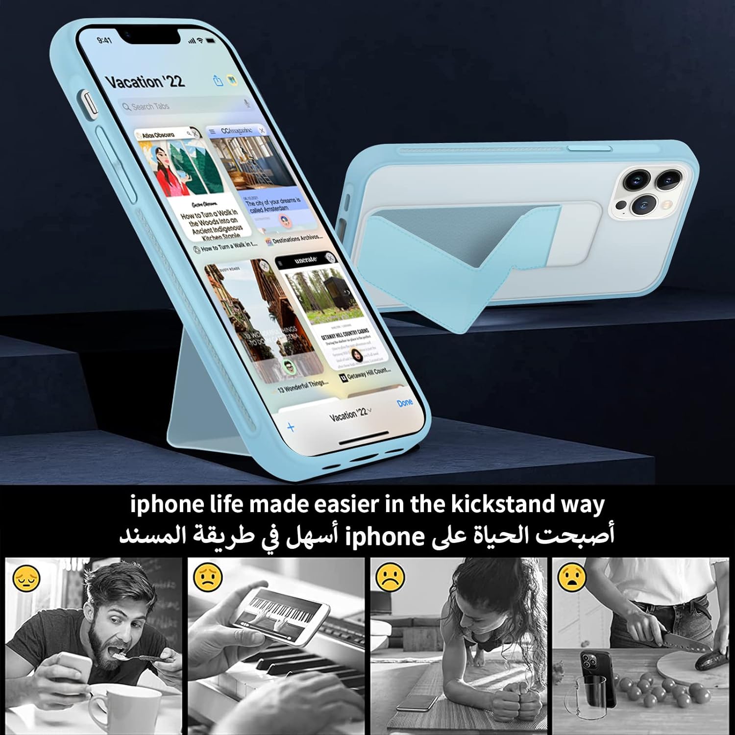 INFOSUN for iPhone 14 Pro Case Stand Cover Matte Cases with Frosted Back Hand Grip Kickstand Cover Holder Shockproof Translucent Design for iPhone 14 Pro (6.1 Inch) (2022) (Black)