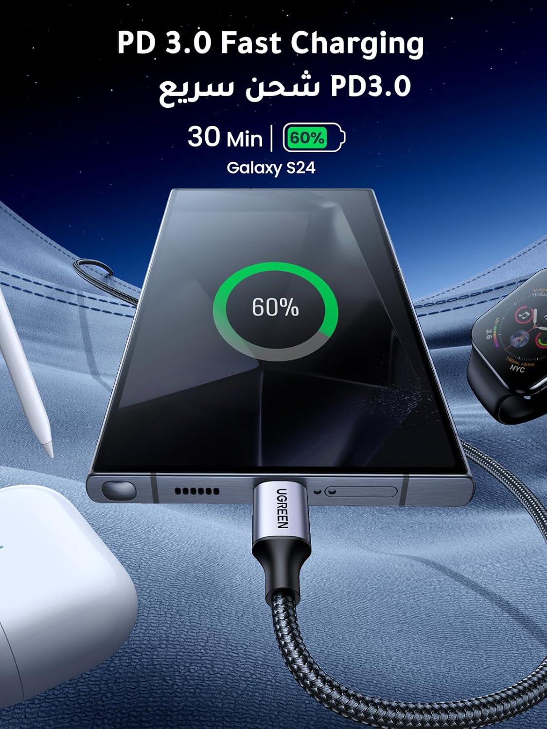 UGREEN USB C to USB C Cable 60 W PD 3.0, PPS USB-C Charging Cable Compatible with iPhone 17 Pro Max, iPhone Air, iPhone 16 15 Pro Max, Galaxy S25 S24 MacBook Air M2 iPad Pro, Air 5/Mini, Pixel 9 etc