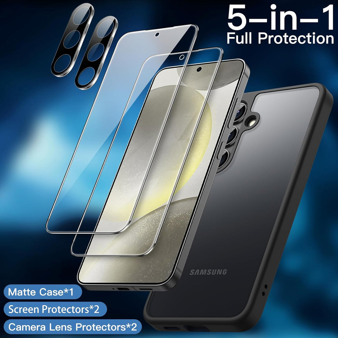 JETech 5 in 1 Matte Case for Samsung Galaxy S24 Ultra 5G with 2-Pack Screen Protector and Camera Lens Protector, Translucent Back Protective Phone Cover, Tempered Glass Film (Black)