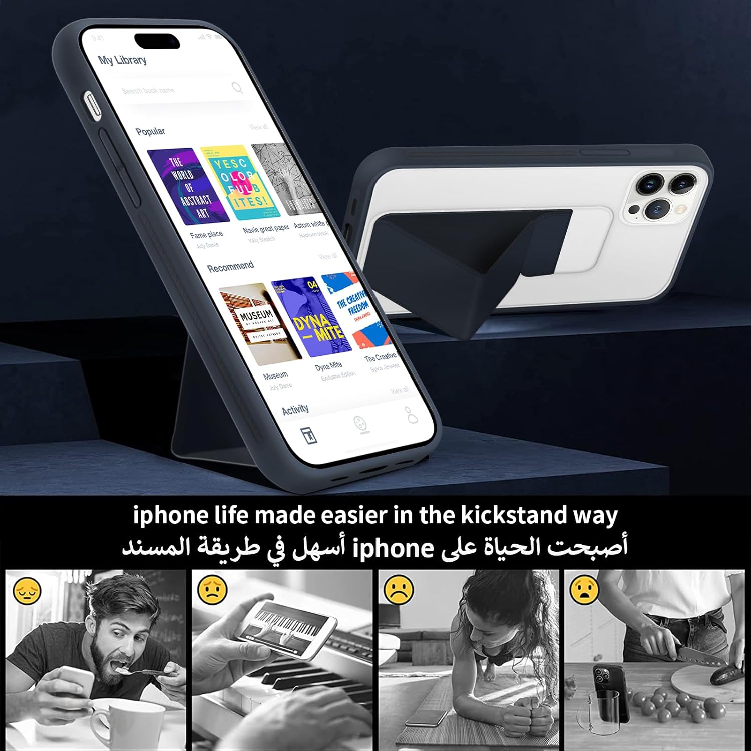 INFOSUN for iPhone 14 Pro Case Stand Cover Matte Cases with Frosted Back Hand Grip Kickstand Cover Holder Shockproof Translucent Design for iPhone 14 Pro (6.1 Inch) (2022) (Black)