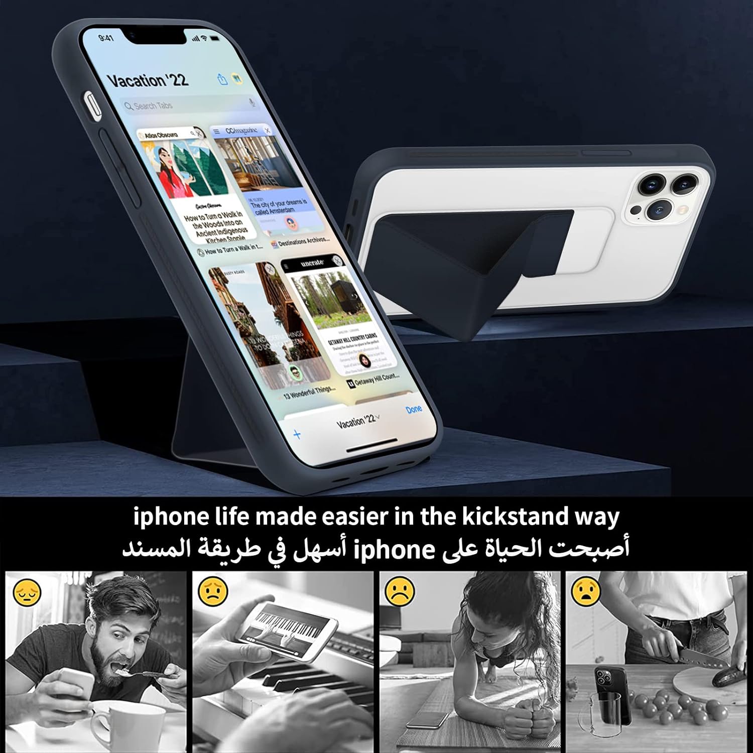 INFOSUN for iPhone 14 Pro Case Stand Cover Matte Cases with Frosted Back Hand Grip Kickstand Cover Holder Shockproof Translucent Design for iPhone 14 Pro (6.1 Inch) (2022) (Black)