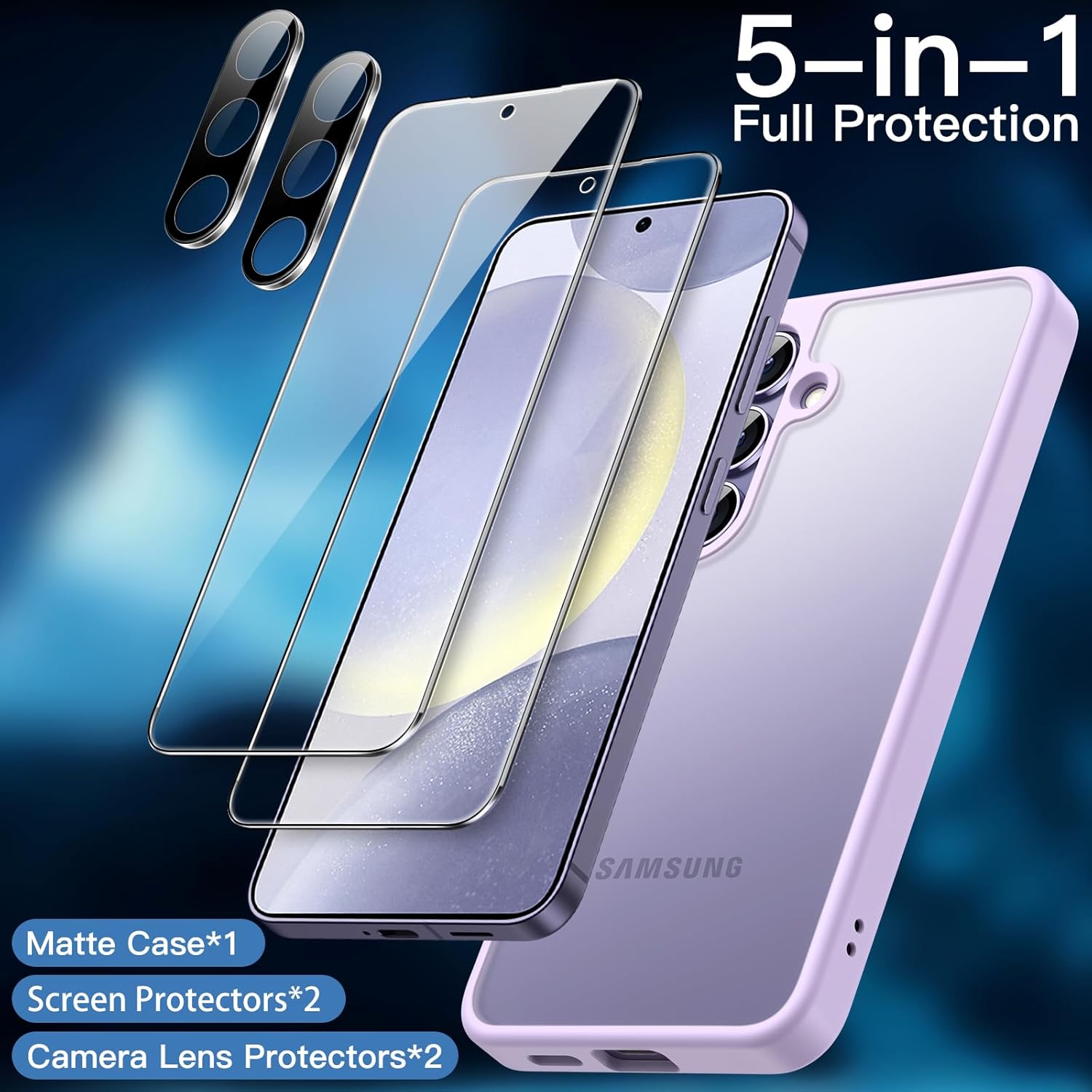 JETech 5 in 1 Matte Case for Samsung Galaxy S24 Ultra 5G with 2-Pack Screen Protector and Camera Lens Protector, Translucent Back Protective Phone Cover, Tempered Glass Film (Black)
