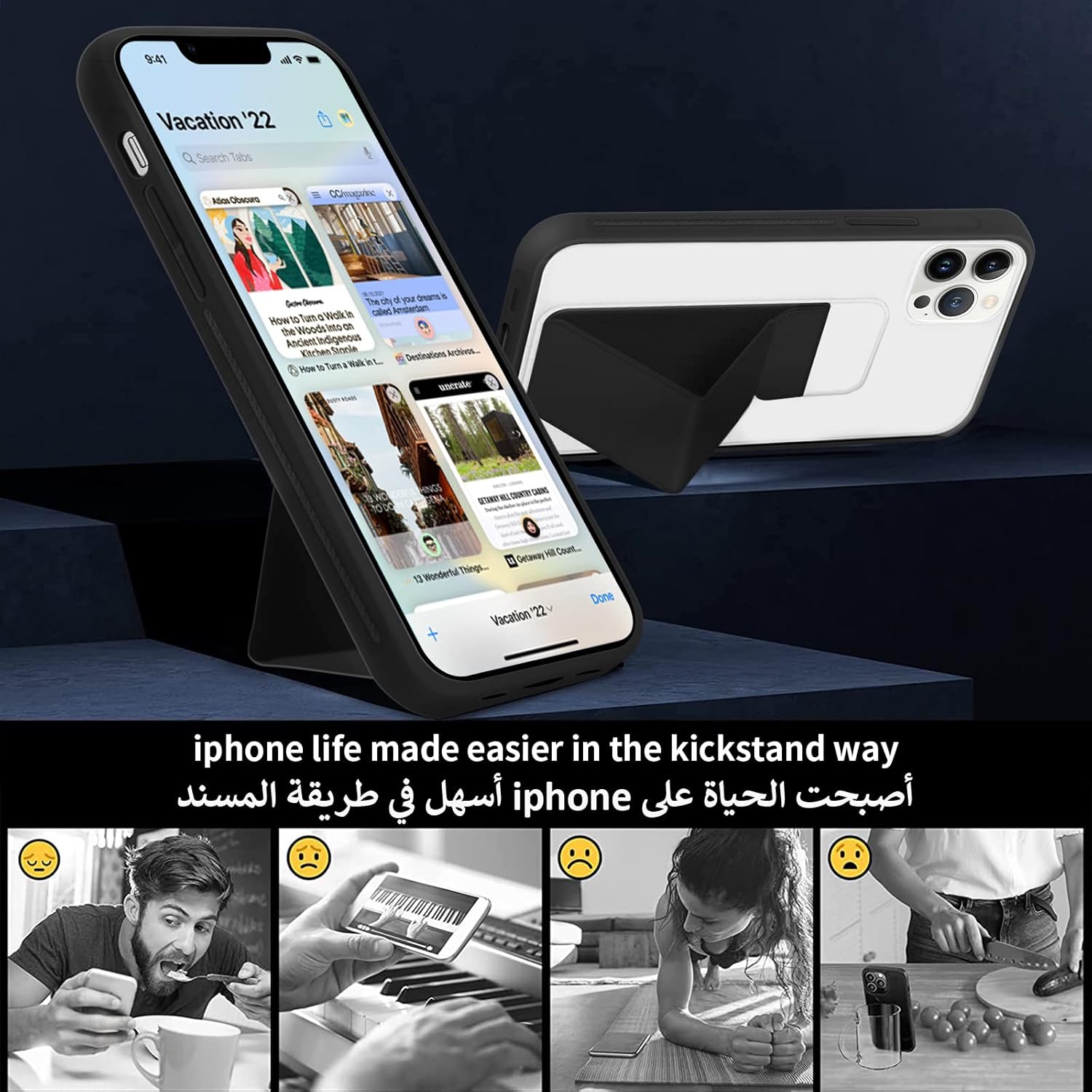 INFOSUN for iPhone 14 Pro Case Stand Cover Matte Cases with Frosted Back Hand Grip Kickstand Cover Holder Shockproof Translucent Design for iPhone 14 Pro (6.1 Inch) (2022) (Black)