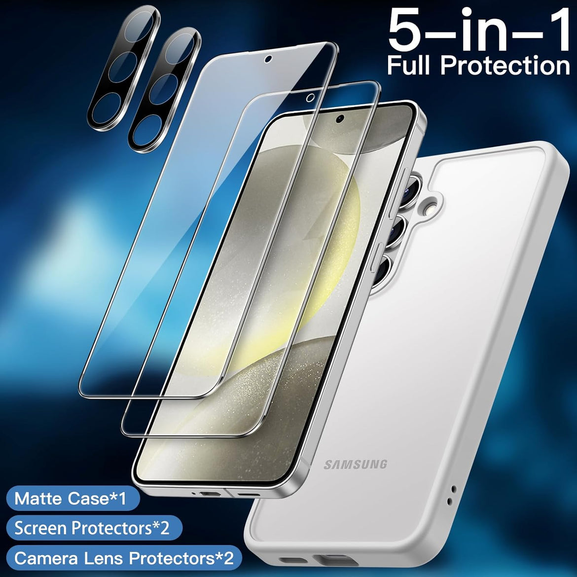 JETech 5 in 1 Matte Case for Samsung Galaxy S24 Ultra 5G with 2-Pack Screen Protector and Camera Lens Protector, Translucent Back Protective Phone Cover, Tempered Glass Film (Black)