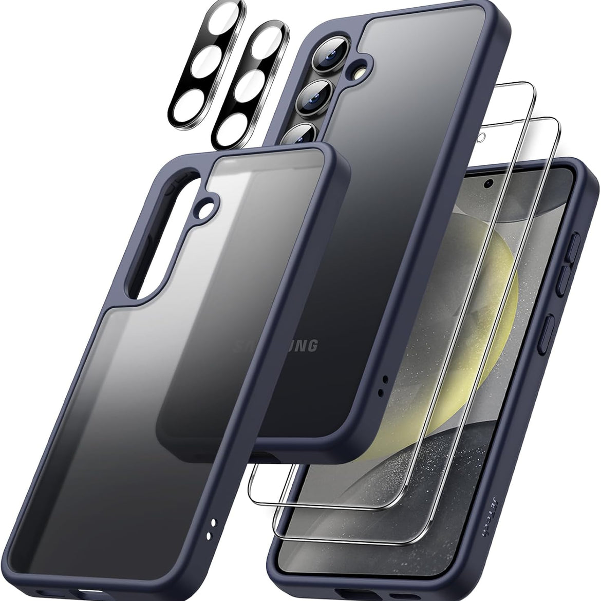 JETech 5 in 1 Matte Case for Samsung Galaxy S24 Ultra 5G with 2-Pack Screen Protector and Camera Lens Protector, Translucent Back Protective Phone Cover, Tempered Glass Film (Black)