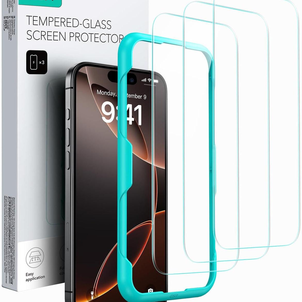 ESR 3 Pack for iPhone 17 Pro Max Screen Protectors, High Clarity, 9H Hardness Scratch Resistant, Military-Grade Tempered Glass, Shatterproof, Screen Guard with Easy Installation Tool
