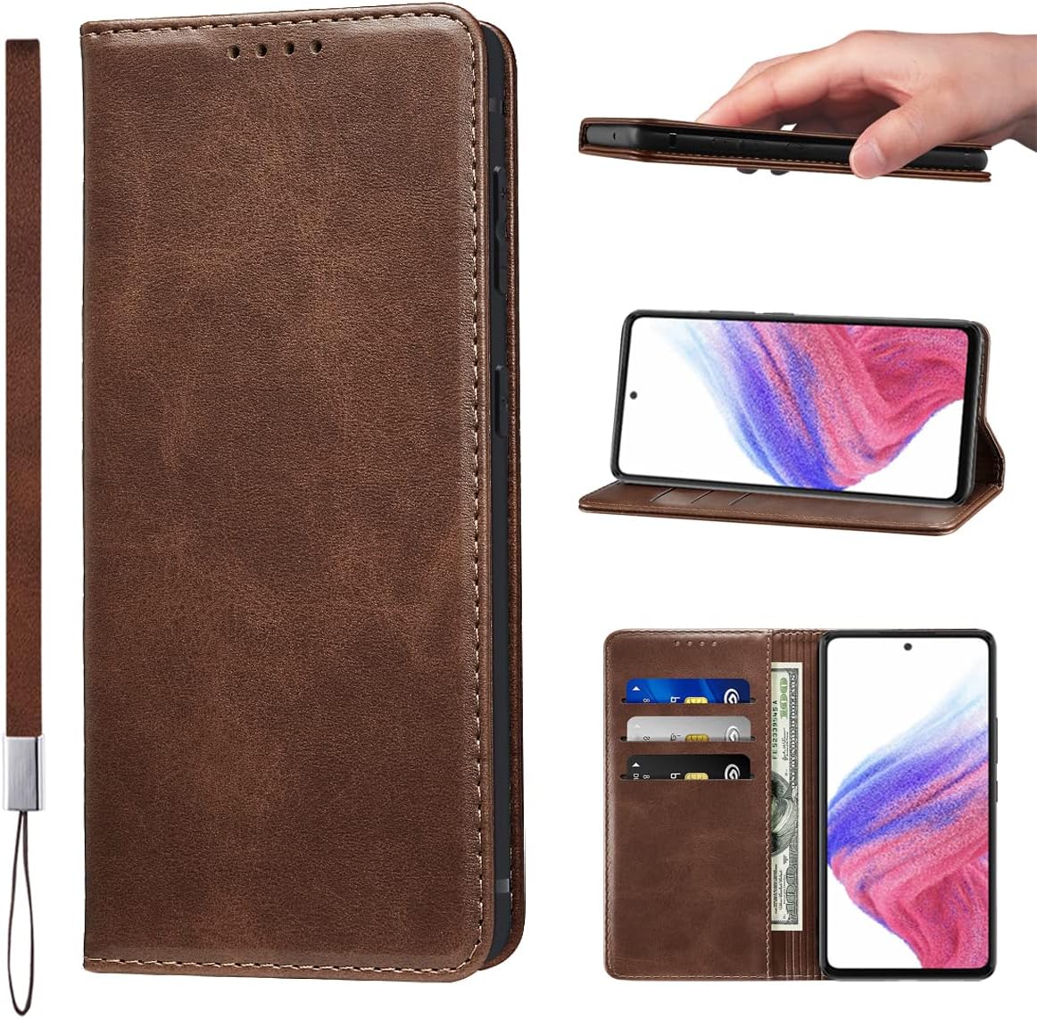 LANJLM Samsung Galaxy A53 5G Case PU Leather Wallet Case Card Holder Shockproof Flip Cover - Brown khaki