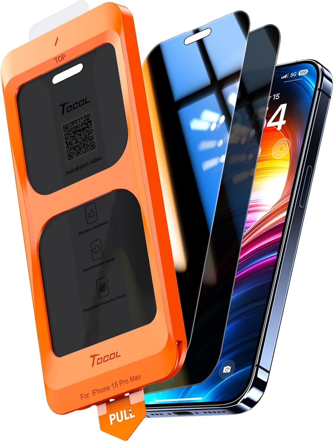 TOCOL 2 Pack for iPhone 15 Pro Screen Protector 6.1 Inch, Easy Installation Full Coverage No Bubbles No Dust Military Grade Shatterproof, 9H Hardness Tempered Glass Screen Protector, Case Friendly