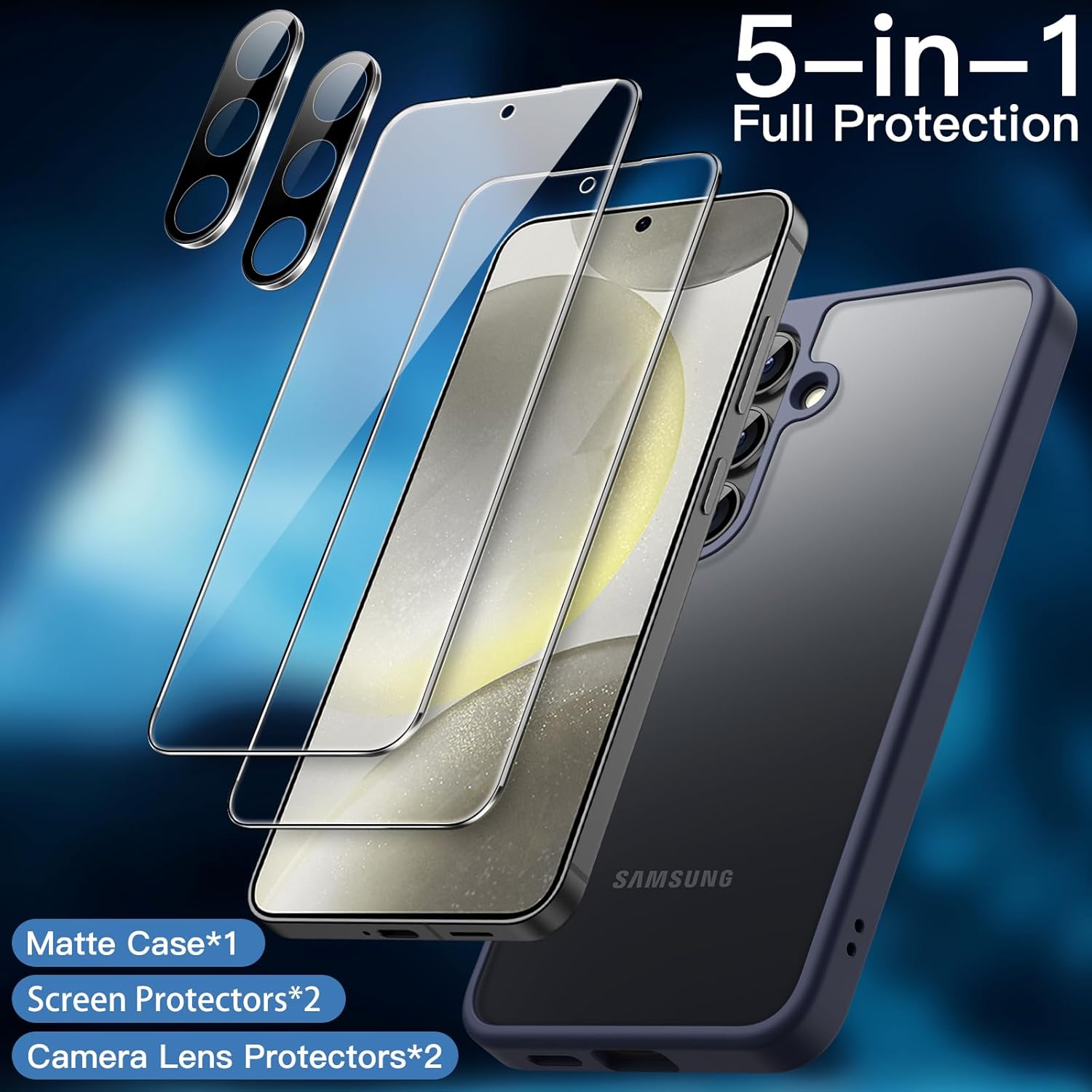 JETech 5 in 1 Matte Case for Samsung Galaxy S24 Ultra 5G with 2-Pack Screen Protector and Camera Lens Protector, Translucent Back Protective Phone Cover, Tempered Glass Film (Black)