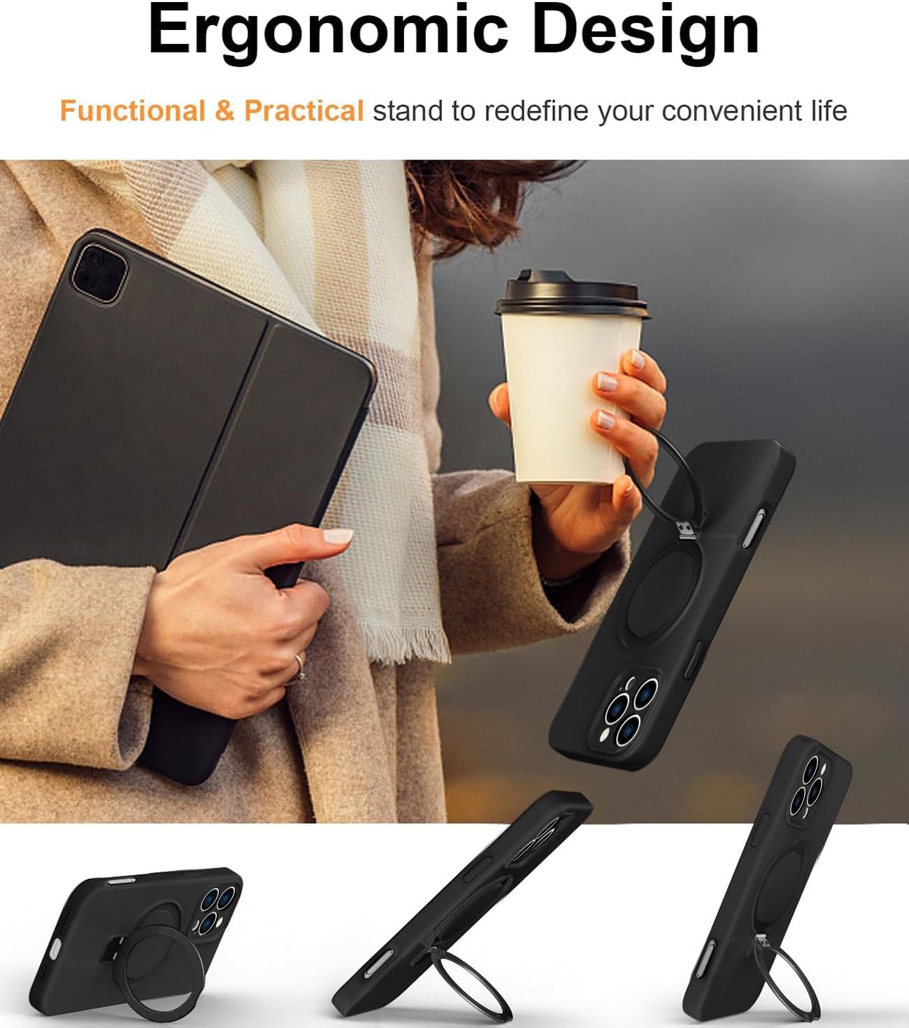 Eligo for iPhone 14 Pro Case, Compatible with MagSafe, with Magnetic Invisible Stand,【Shockproof Military-Grade Protection】Soft Silicone Phone Cover with Kickstand for Apple 14 Pro (Black)