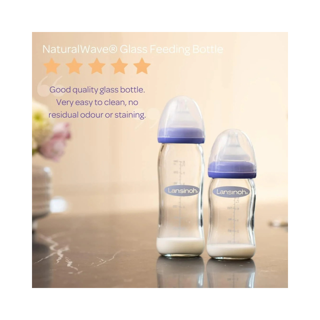 Lansinoh Glass Baby Bottle with NaturalWave Teat (160 ml), Anti-colic, Premium heat & thermal shock-resistant glass, Slow Flow soft & flexible silicone teat, teats are BPA & BPS free, purple
