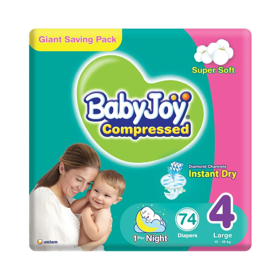 BabyJoy Compressed Diamond Pad, Size 4, Large, 10-18 kg, Value Pack, 32 Diapers