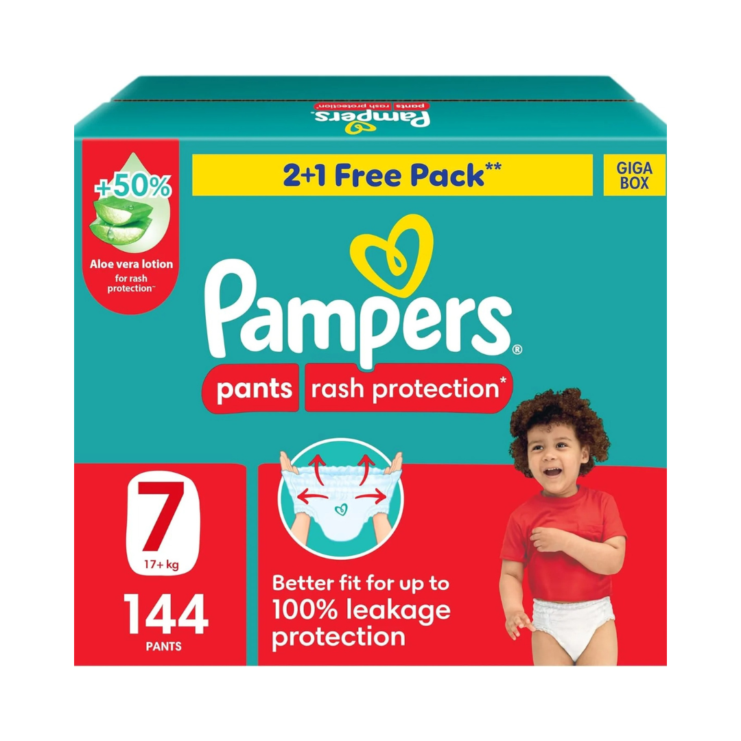 Pampers Rash Protection, Size 7, 17+ kg, Jumbo Box, 52 Diaper Pants