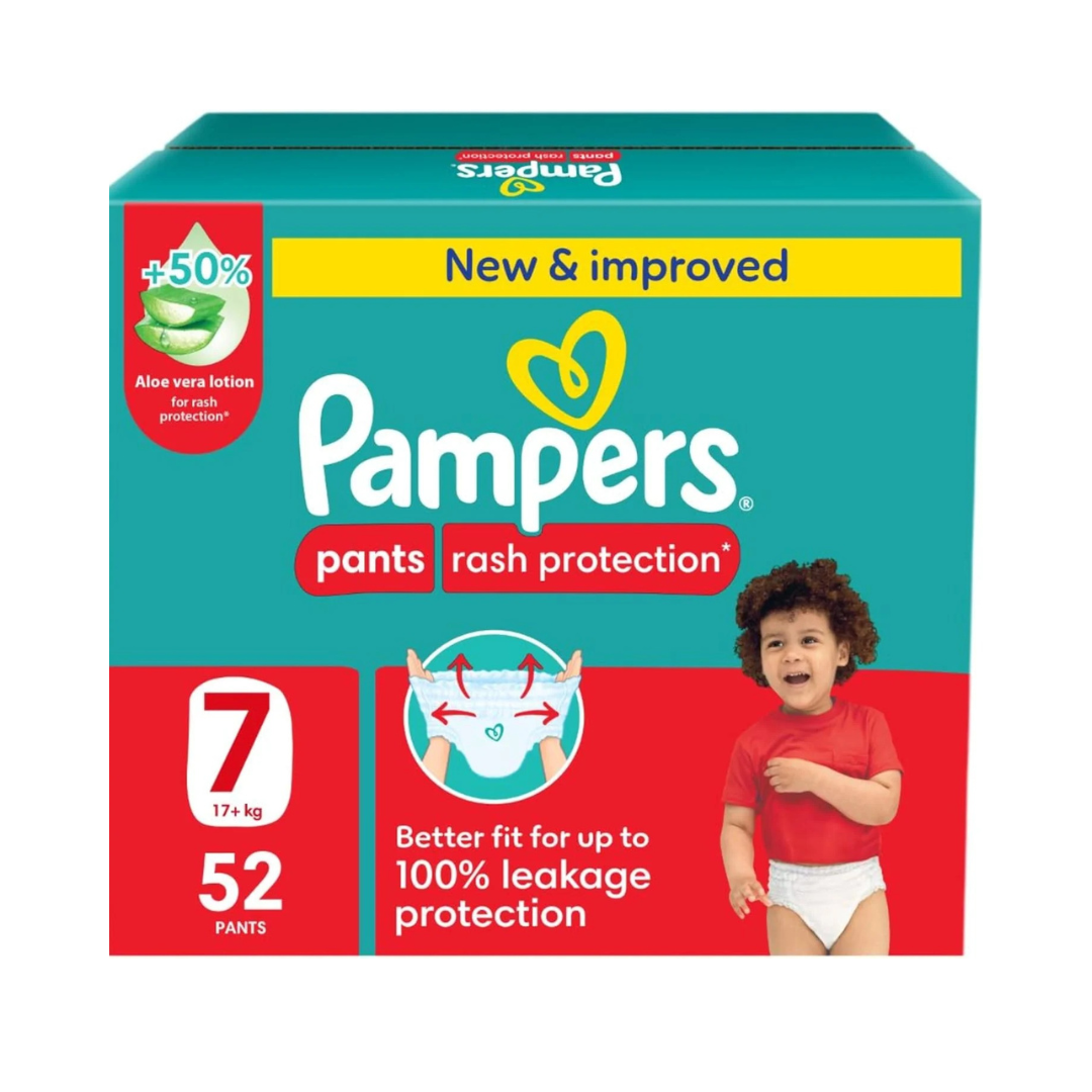 Pampers Rash Protection, Size 7, 17+ kg, Jumbo Box, 52 Diaper Pants
