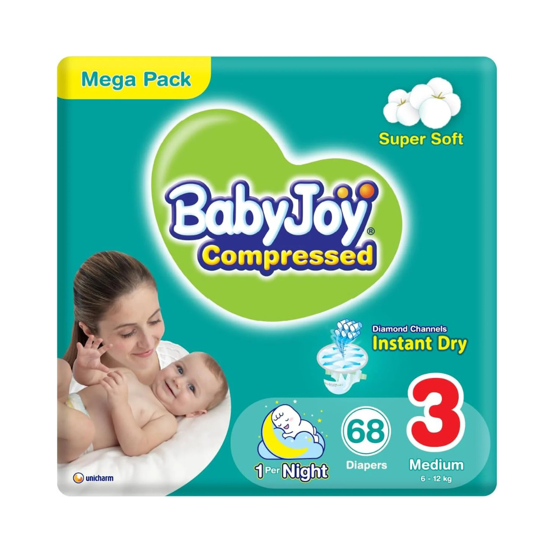 Babyjoy Compressed Diamond Pad, Size 3, Medium, 6-12 Kg, Mega Pack, 68 Diapers