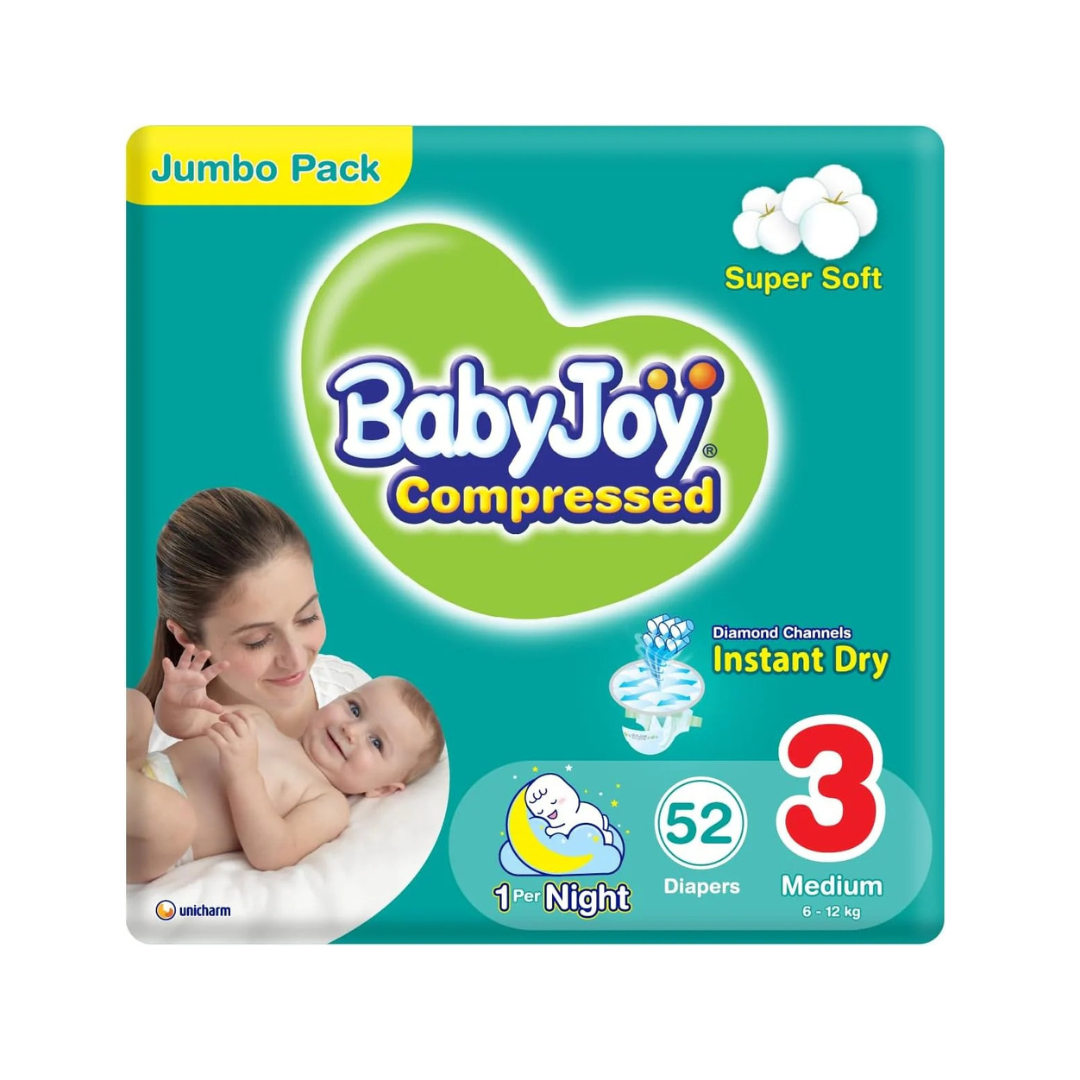 Babyjoy Compressed Diamond Pad, Size 3, Medium, 6-12 Kg, Mega Pack, 68 Diapers