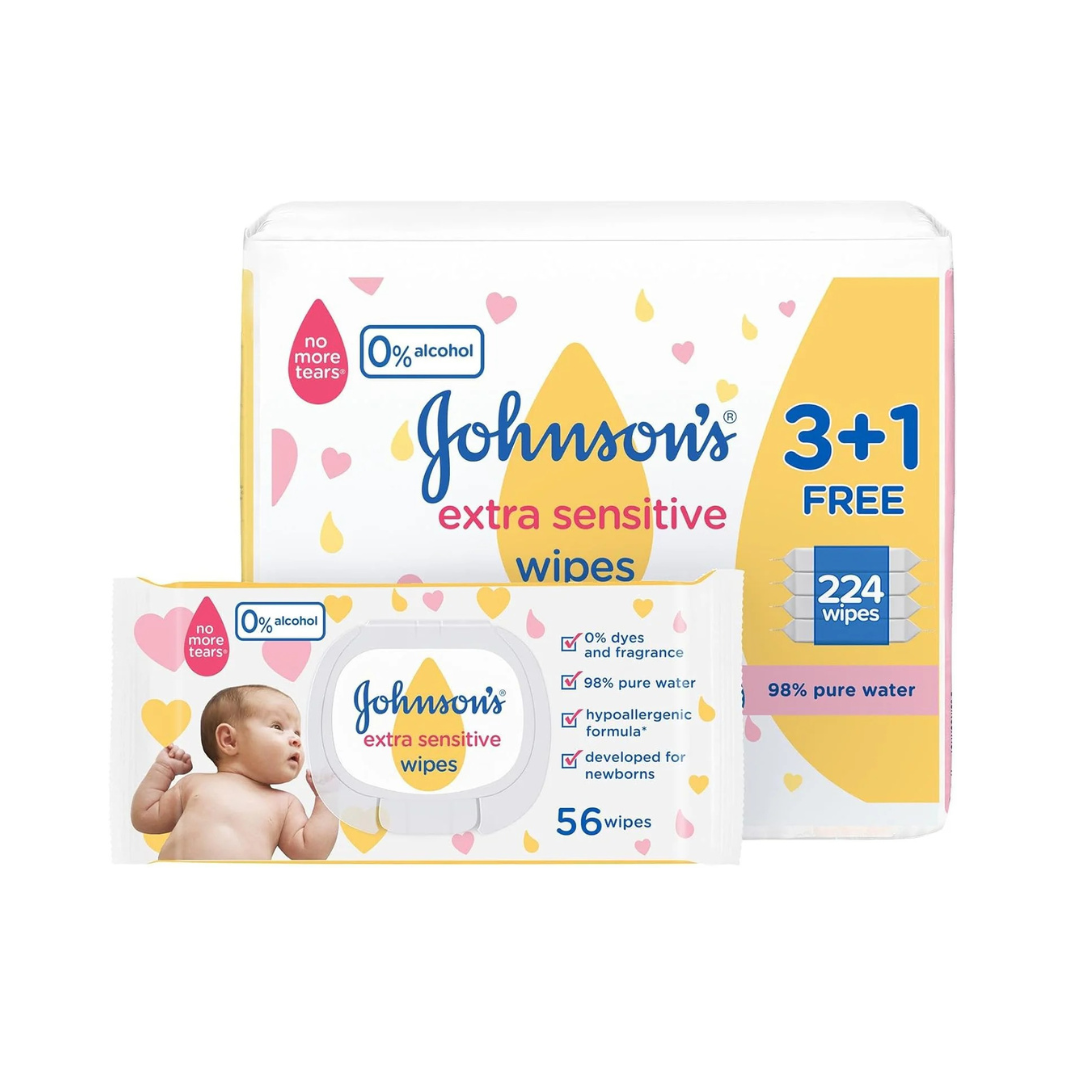 Johnson's Baby, Wipes, Extra Sensitive, 98% pure water, 2+1 packs of 56 wipes