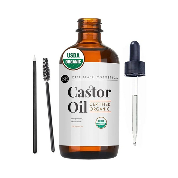 Castor Oil (2oz), USDA Certified Organic, 100% Pure, Cold Pressed, Hexane Free by Kate Blanc. Stimulate Growth for Eyelashes, Eyebrows, Hair. Skin Moisturizer - 4 Ounce (Pack of 1)